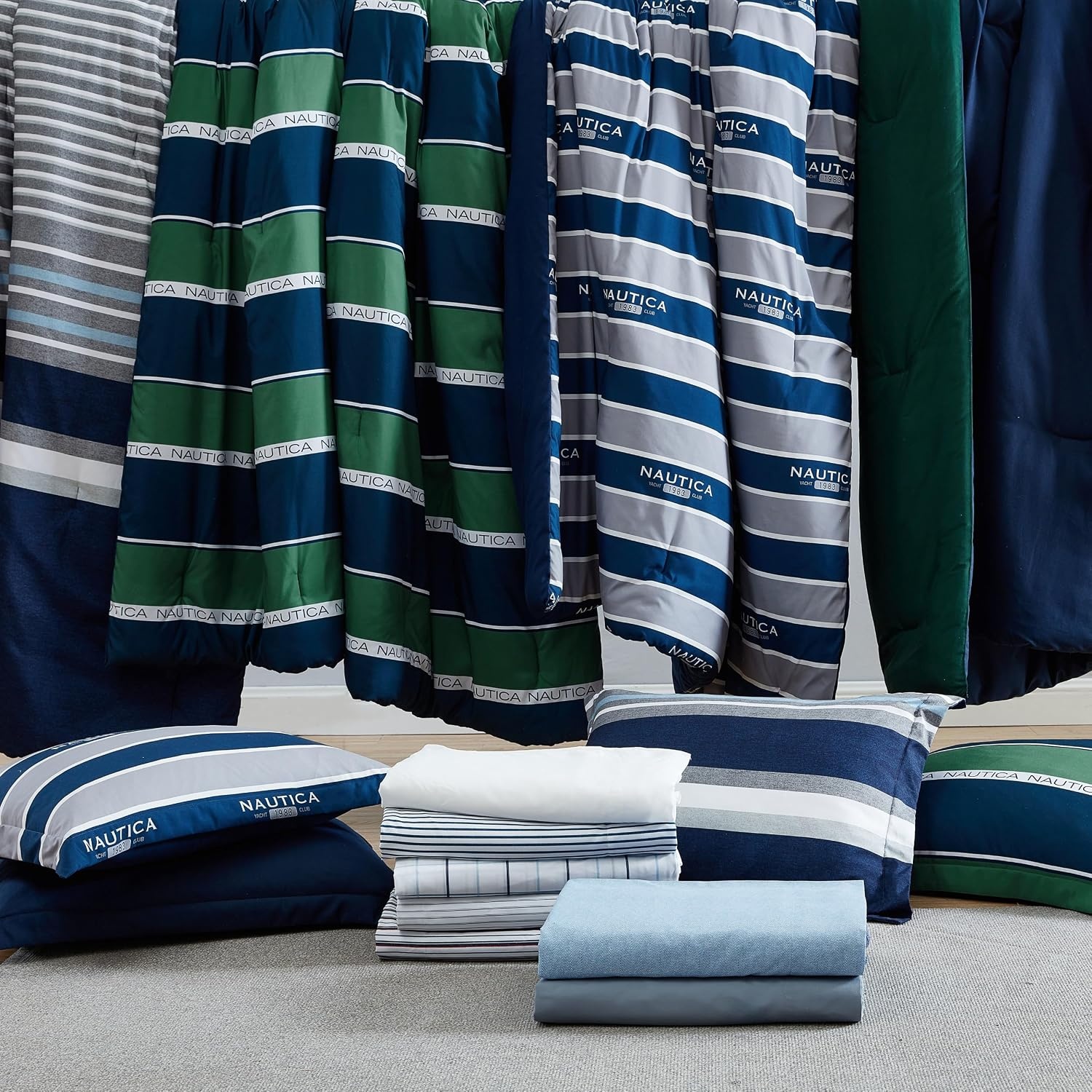 image:imageNautica Full Size Bed in a Bag Reversible Comforter Set with Fitted Sheet Pillowcases Shams amp Laundry Bag 7Piece College Dorm Room Essentials Captains BlueGreenBellecastle Bay PineNavy