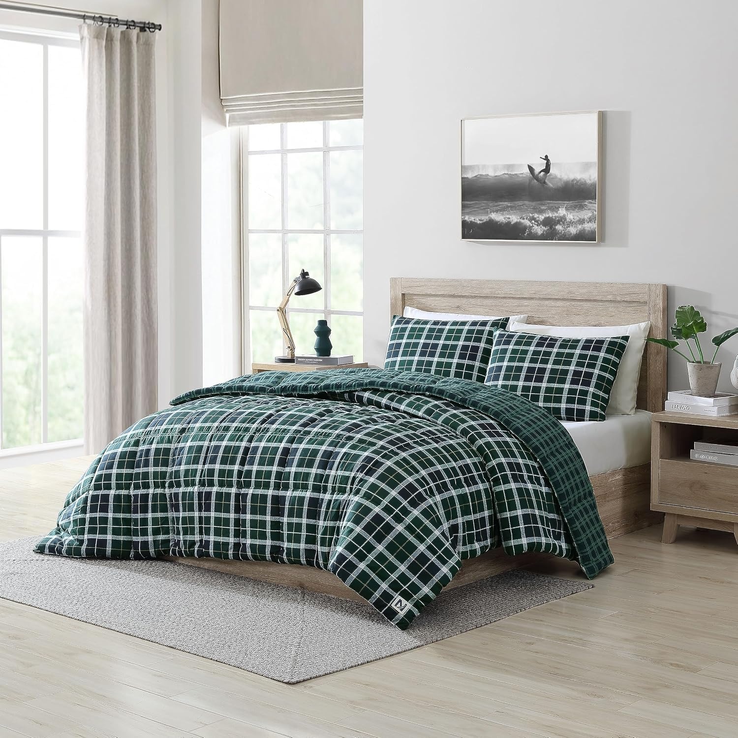 image:imageNautica Full Size Bed in a Bag Reversible Comforter Set with Fitted Sheet Pillowcases Shams amp Laundry Bag 7Piece College Dorm Room Essentials Captains BlueGreenNorthsail Plaid Navy