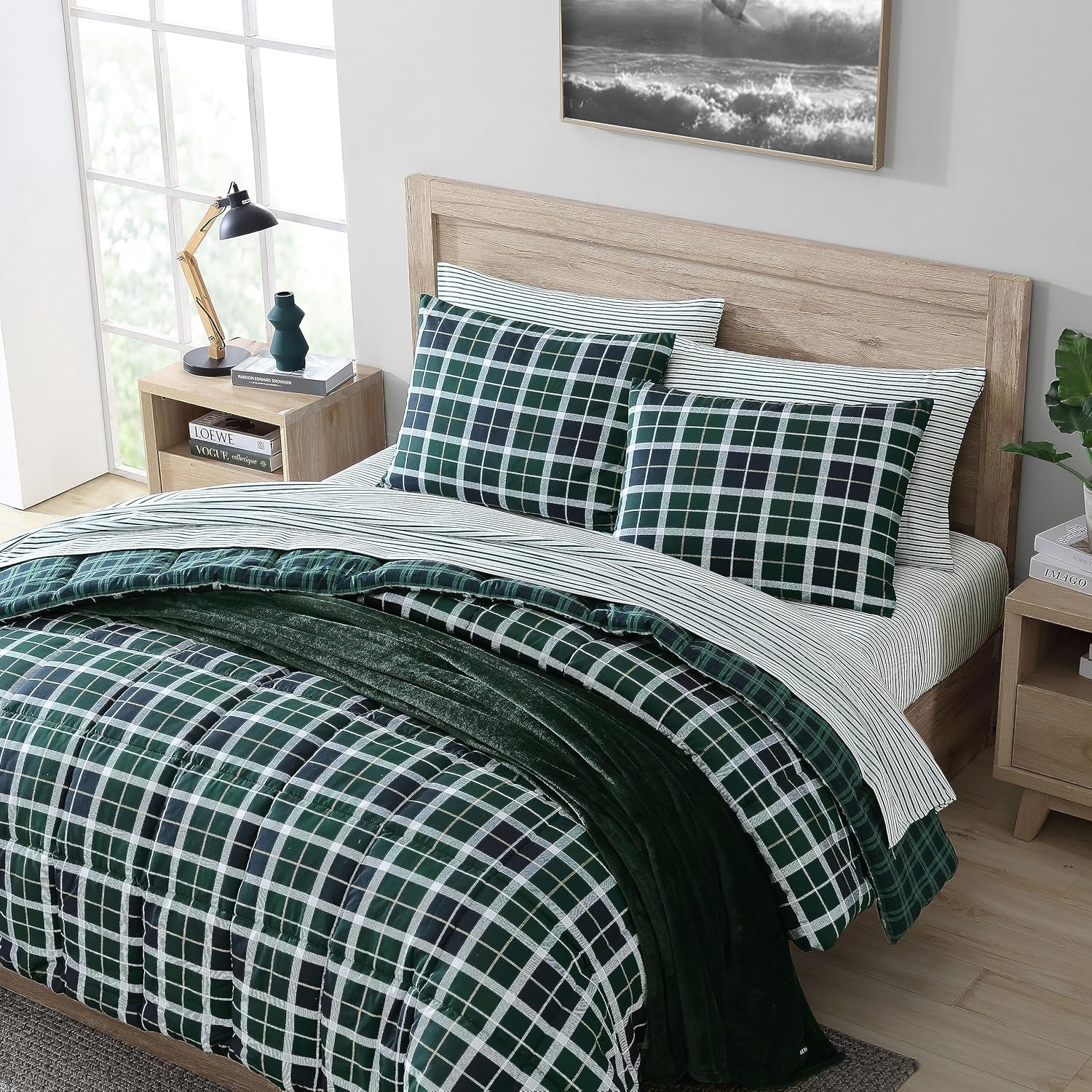 image:imageNautica Full Size Bed in a Bag Reversible Comforter Set with Fitted Sheet Pillowcases Shams amp Laundry Bag 7Piece College Dorm Room Essentials Captains BlueGreenNorthsail Plaid Navy