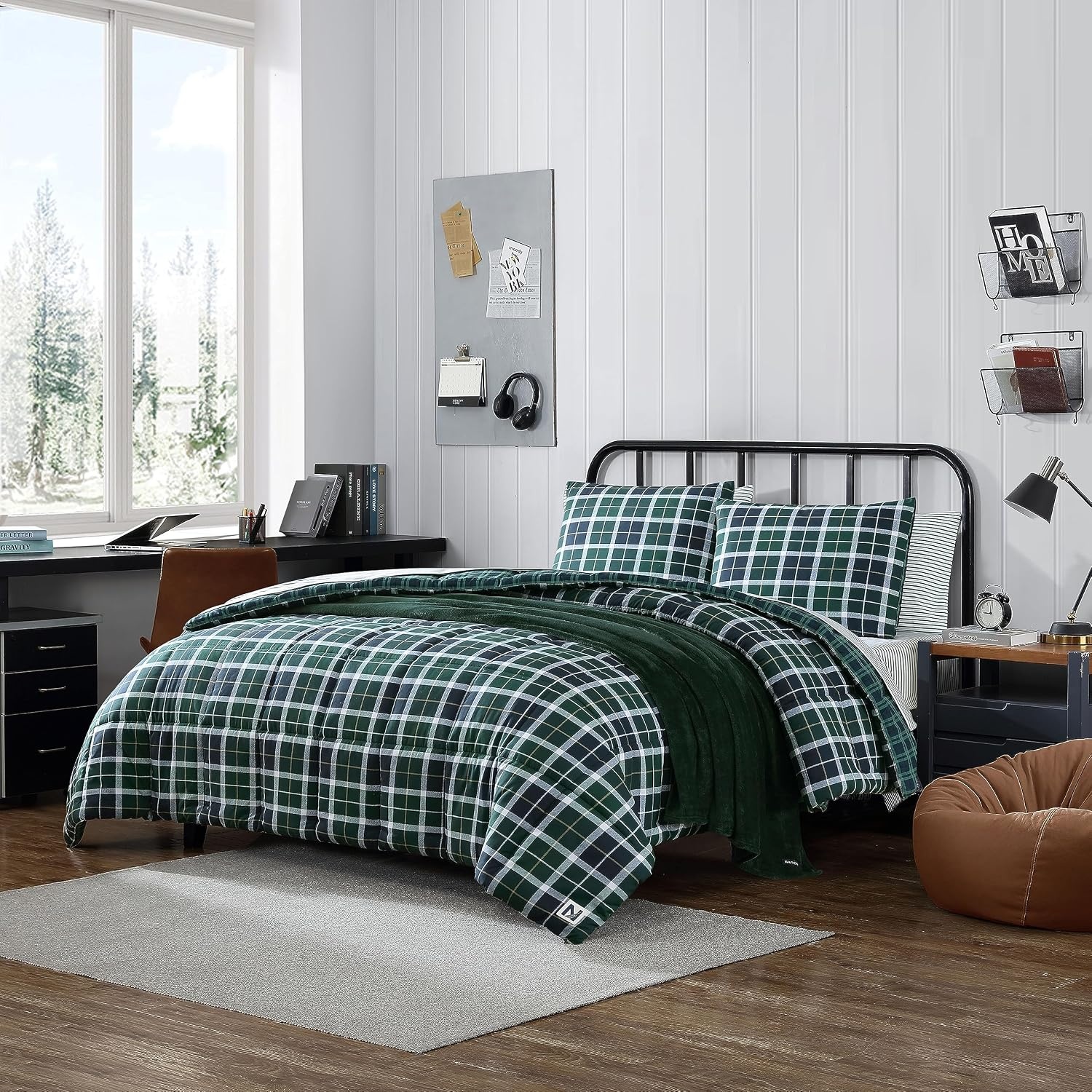image:imageNautica Full Size Bed in a Bag Reversible Comforter Set with Fitted Sheet Pillowcases Shams amp Laundry Bag 7Piece College Dorm Room Essentials Captains BlueGreenNorthsail Plaid Navy
