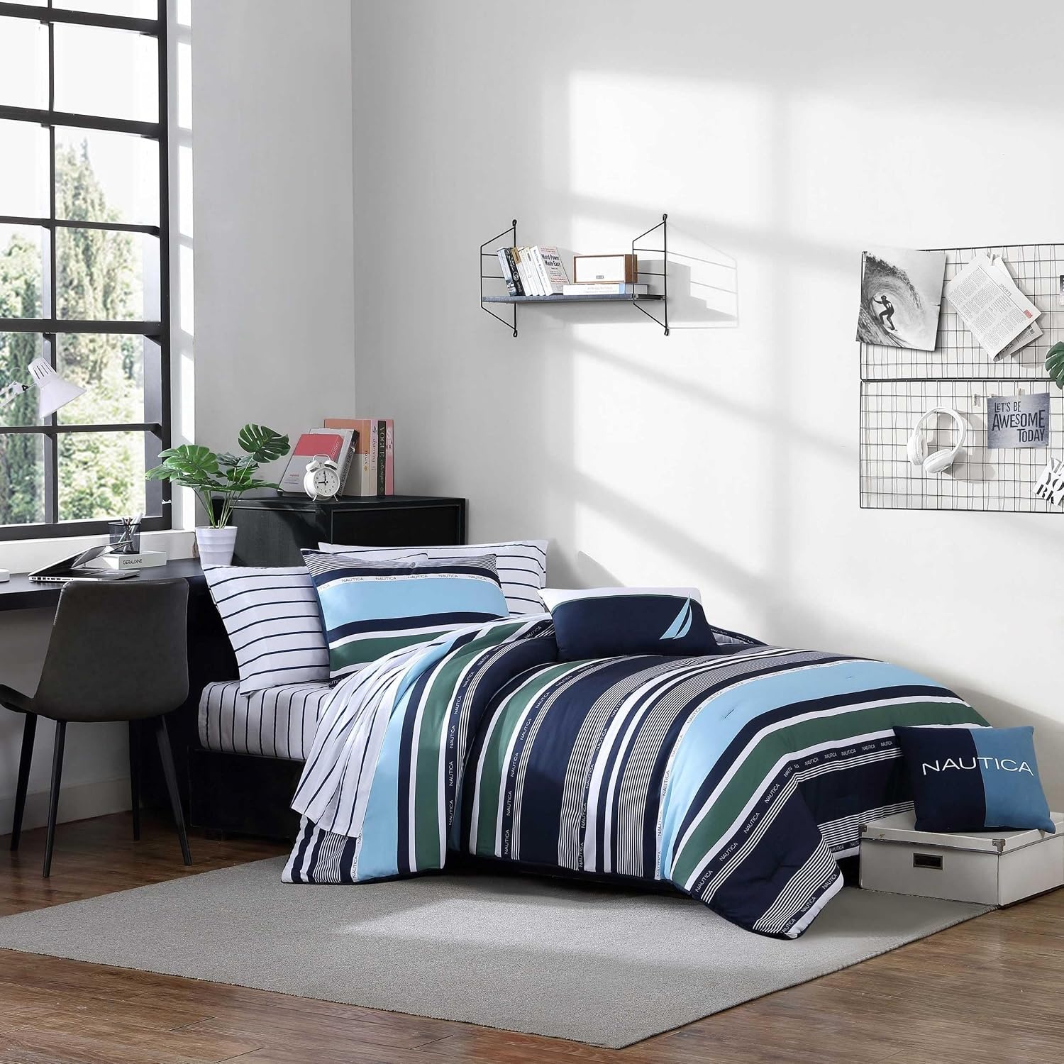 image:imageNautica Full Size Bed in a Bag Reversible Comforter Set with Fitted Sheet Pillowcases Shams amp Laundry Bag 7Piece College Dorm Room Essentials Captains BlueGreenElliot Blue