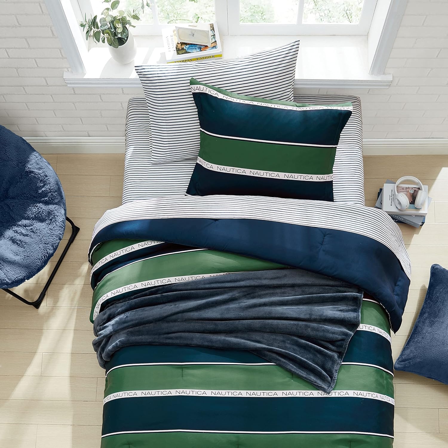 image:imageNautica Full Size Bed in a Bag Reversible Comforter Set with Fitted Sheet Pillowcases Shams amp Laundry Bag 7Piece College Dorm Room Essentials Captains BlueGreenPine Bay Navy