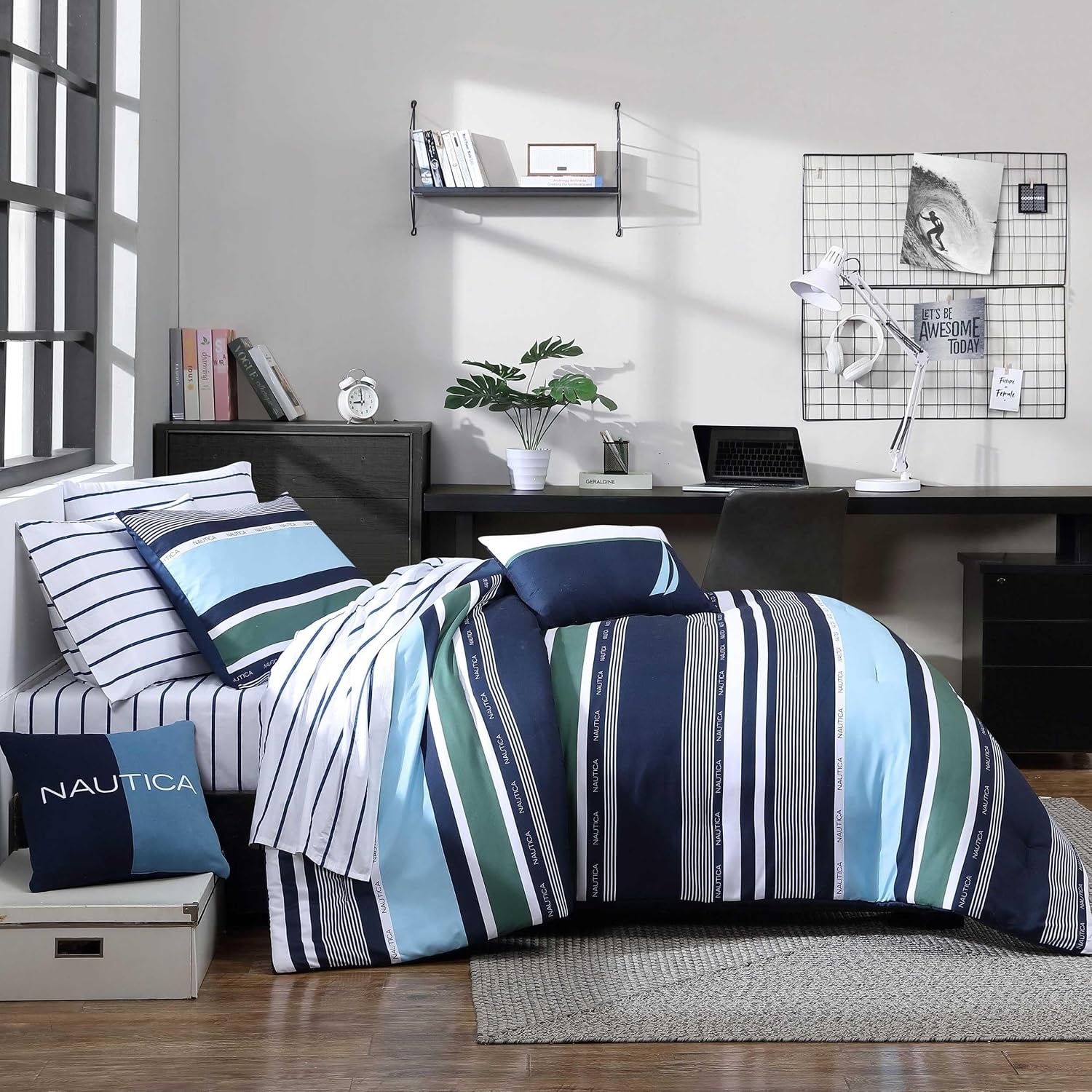 image:imageNautica Full Size Bed in a Bag Reversible Comforter Set with Fitted Sheet Pillowcases Shams amp Laundry Bag 7Piece College Dorm Room Essentials Captains BlueGreenElliot Blue