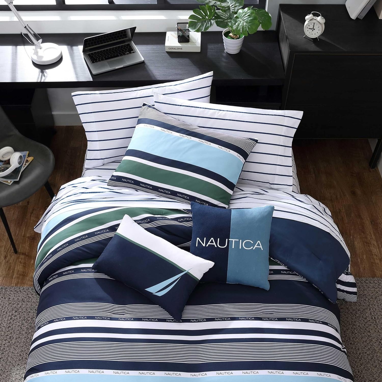 image:imageNautica Full Size Bed in a Bag Reversible Comforter Set with Fitted Sheet Pillowcases Shams amp Laundry Bag 7Piece College Dorm Room Essentials Captains BlueGreenElliot Blue