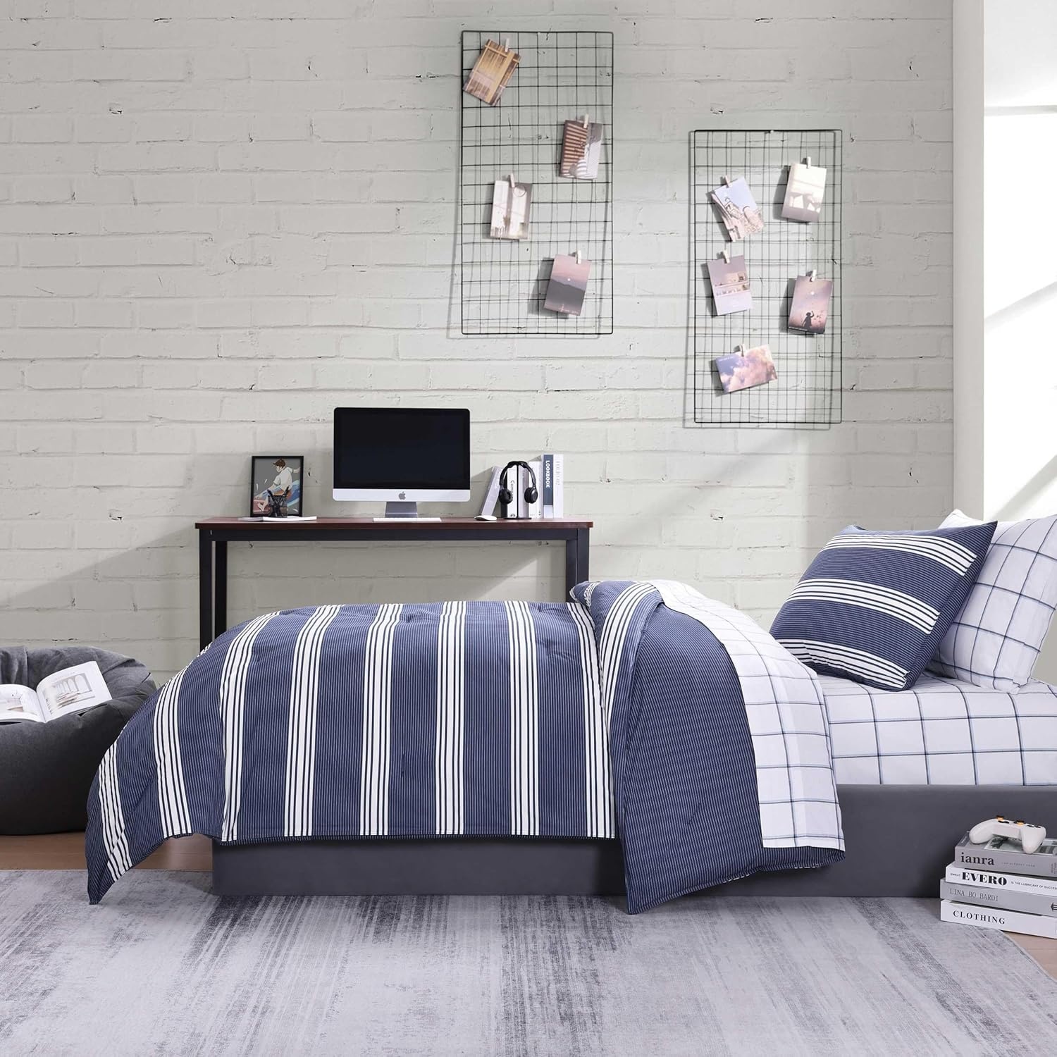 image:imageNautica Queen Comforter Set Reversible Bedding with Matching Shams Stripe Room Decor Bed Set College Dorm Room Essentials Craver CharcoalCraver Navy