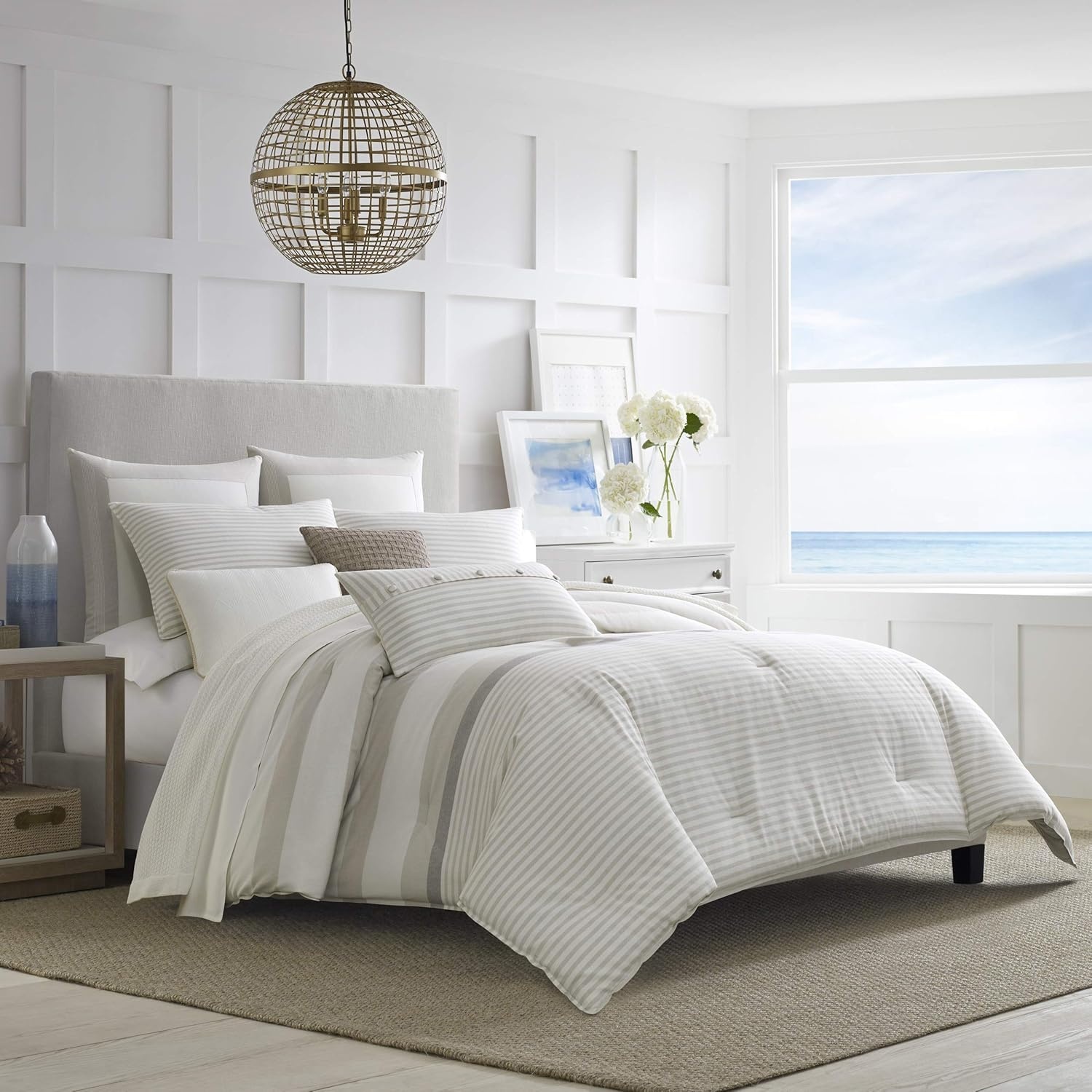 image:imageNautica Queen Comforter Set Reversible Bedding with Matching Shams Stripe Room Decor College Dorm Room Essentials Bay Shore NavyBeige