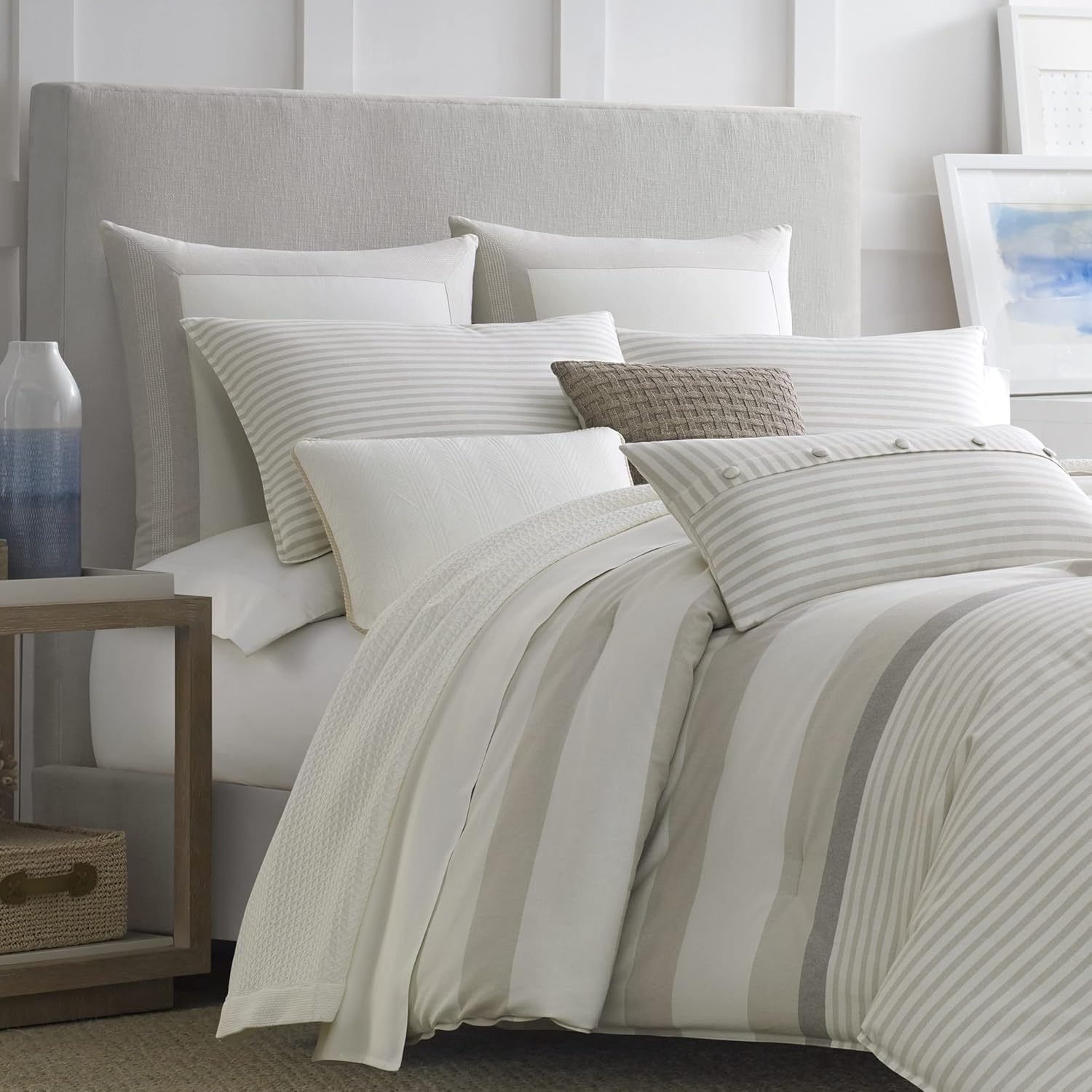 image:imageNautica Queen Comforter Set Reversible Bedding with Matching Shams Stripe Room Decor College Dorm Room Essentials Bay Shore NavyBeige