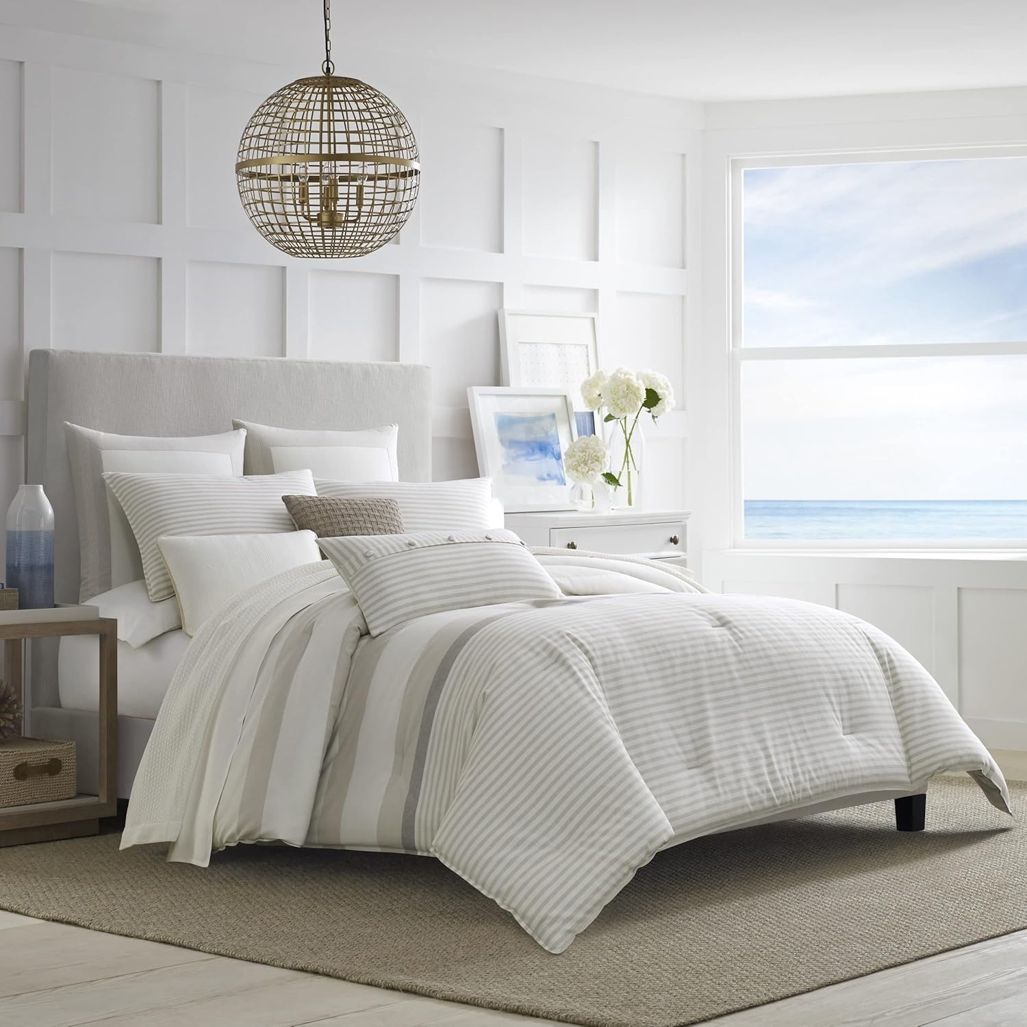 image:imageNautica Queen Comforter Set Reversible Bedding with Matching Shams Stripe Room Decor College Dorm Room Essentials Bay Shore NavyBeige