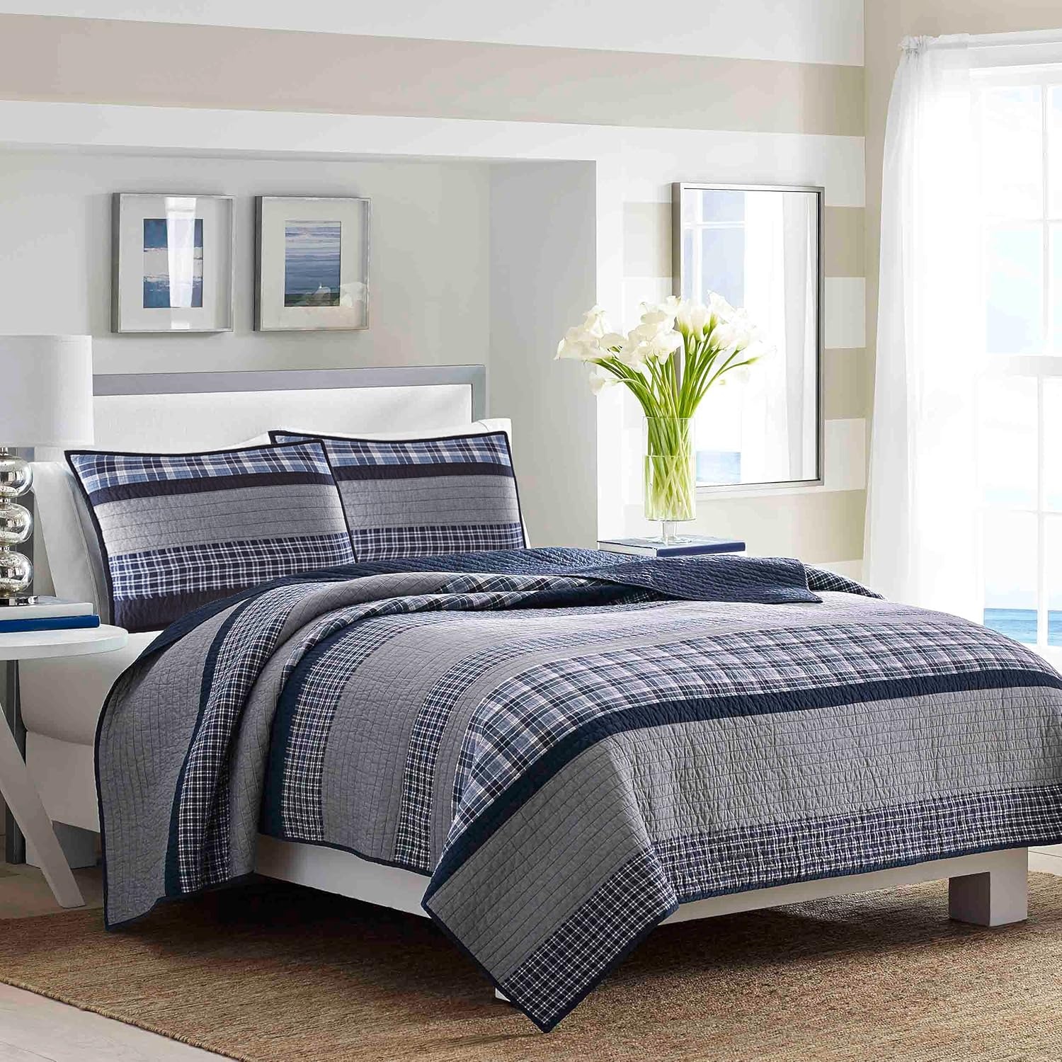 image:imageNautica Queen Comforter Set Reversible Bedding with Matching Shams Stripe Room Decor College Dorm Room Essentials Bay Shore NavyBlueGrey