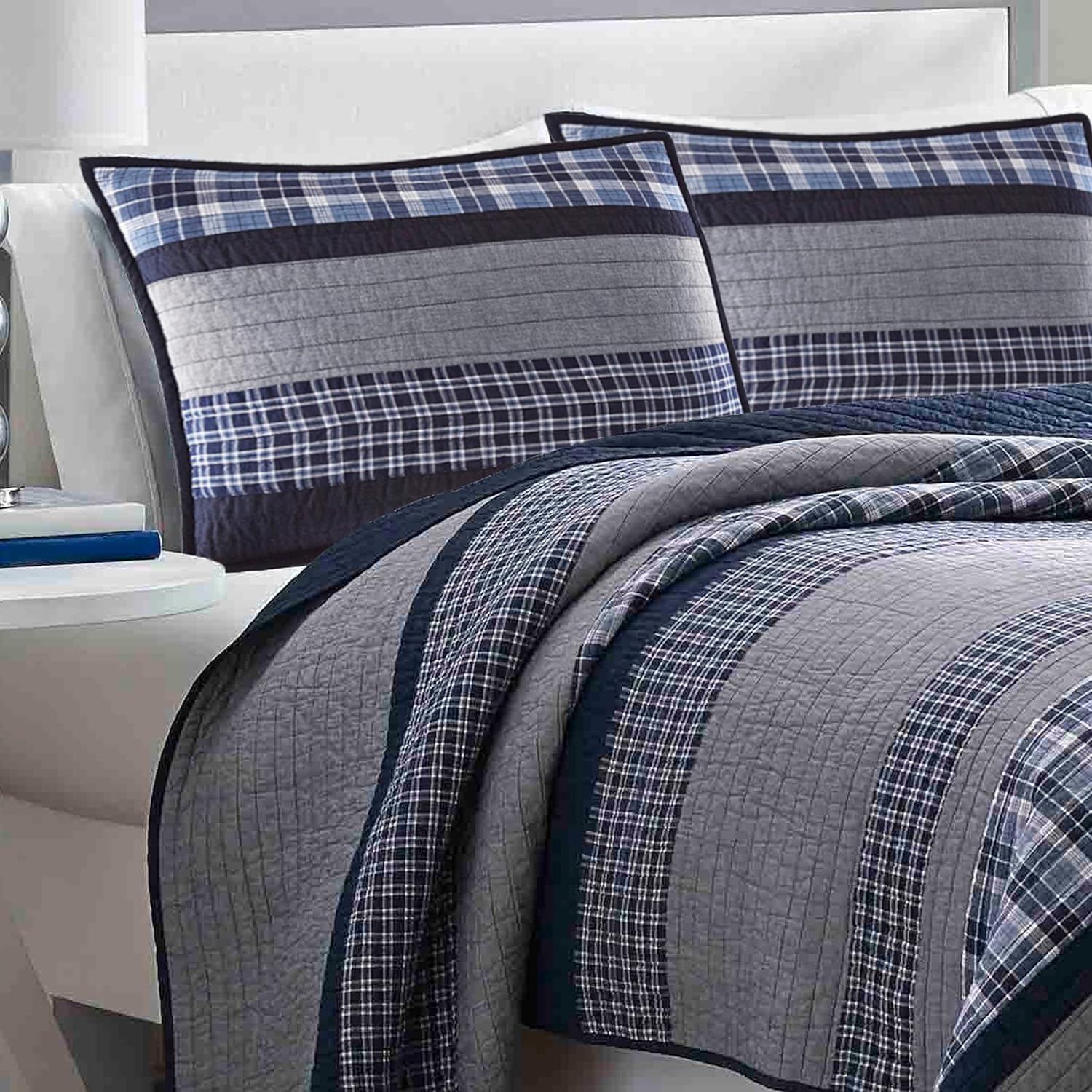 image:imageNautica Queen Comforter Set Reversible Bedding with Matching Shams Stripe Room Decor College Dorm Room Essentials Bay Shore NavyBlueGrey