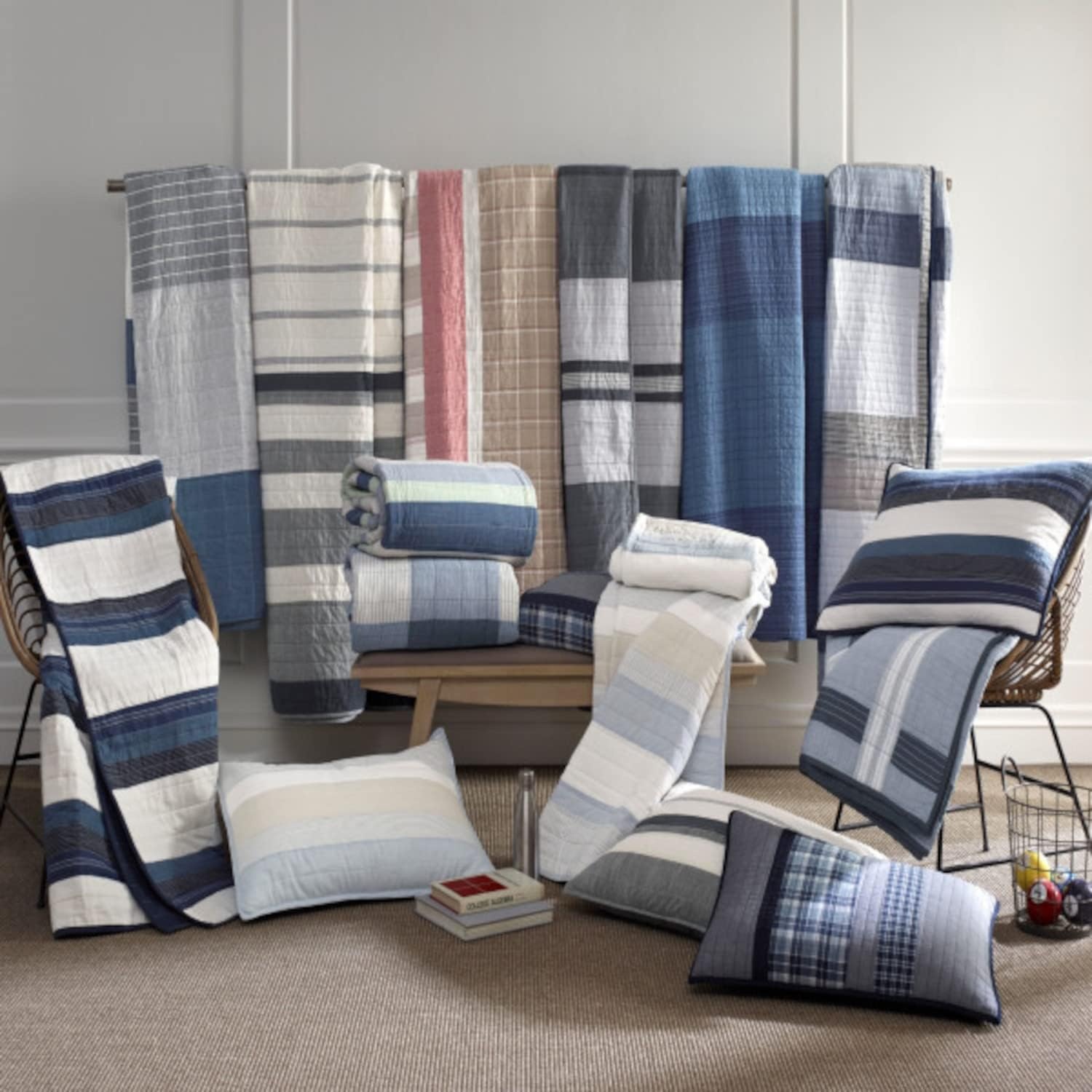 image:imageNautica Queen Comforter Set Reversible Bedding with Matching Shams Stripe Room Decor College Dorm Room Essentials Bay Shore NavyBlueGrey