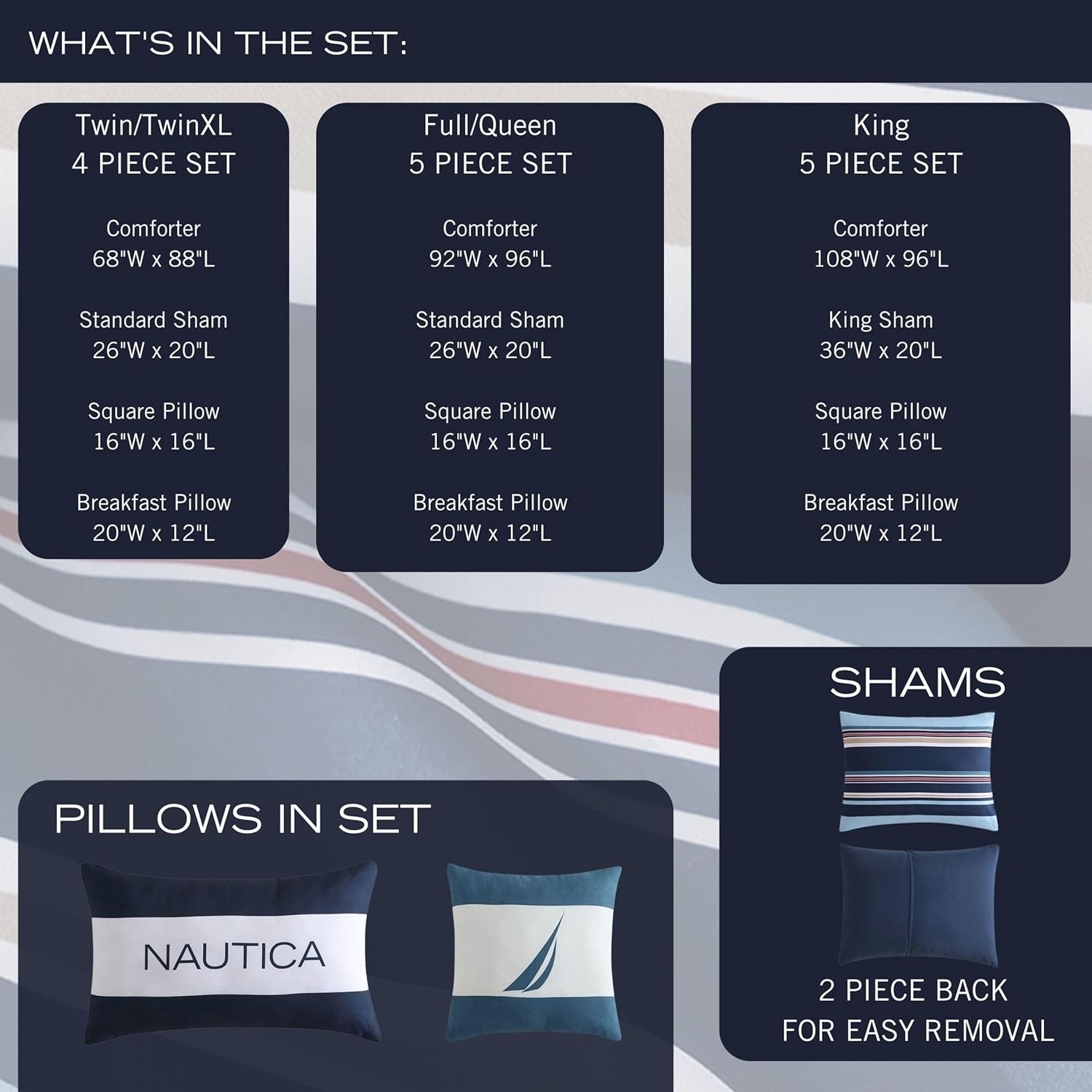 image:imageNautica Queen Comforter Set Reversible Bedding with Matching Shams Stripe Room Decor College Dorm Room Essentials Bay Shore NavyColton Blue
