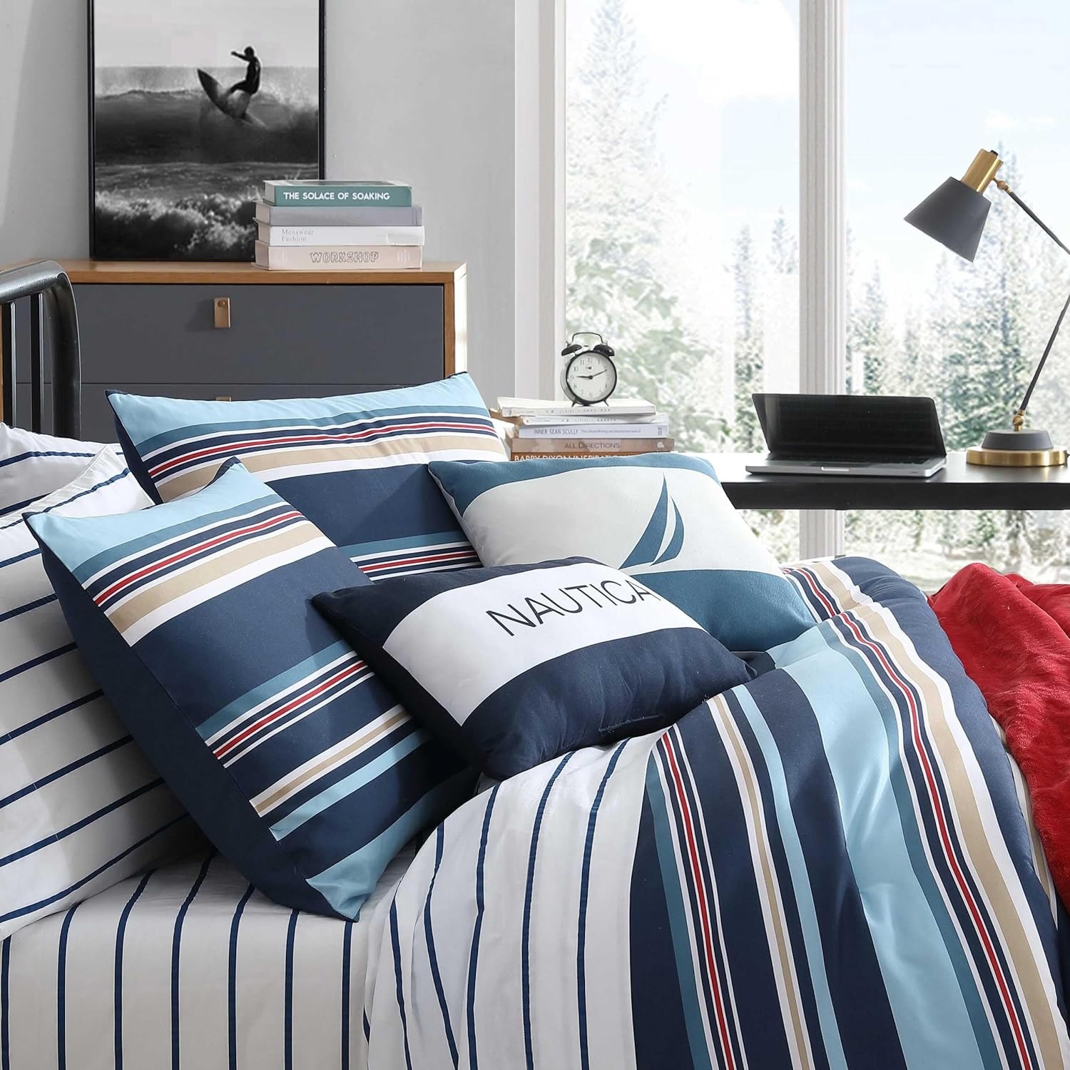 image:imageNautica Queen Comforter Set Reversible Bedding with Matching Shams Stripe Room Decor College Dorm Room Essentials Bay Shore NavyColton Blue