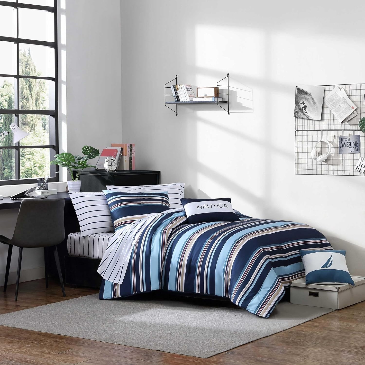 image:imageNautica Queen Comforter Set Reversible Bedding with Matching Shams Stripe Room Decor College Dorm Room Essentials Bay Shore NavyColton Blue