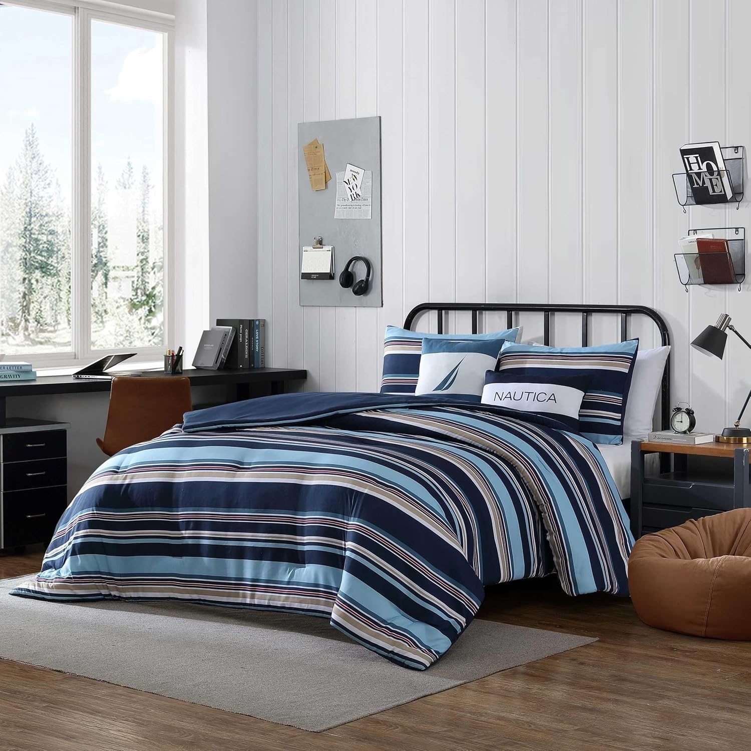 image:imageNautica Queen Comforter Set Reversible Bedding with Matching Shams Stripe Room Decor College Dorm Room Essentials Bay Shore NavyColton Blue