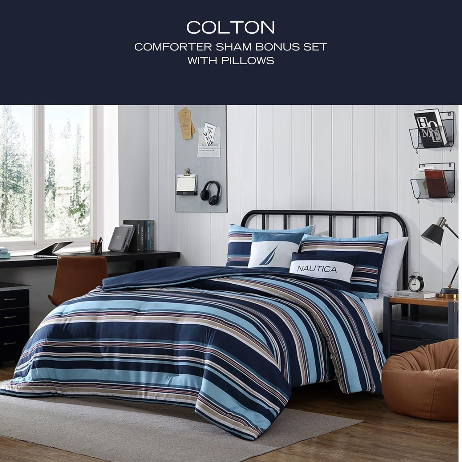 image:imageNautica Queen Comforter Set Reversible Bedding with Matching Shams Stripe Room Decor College Dorm Room Essentials Bay Shore NavyColton Blue