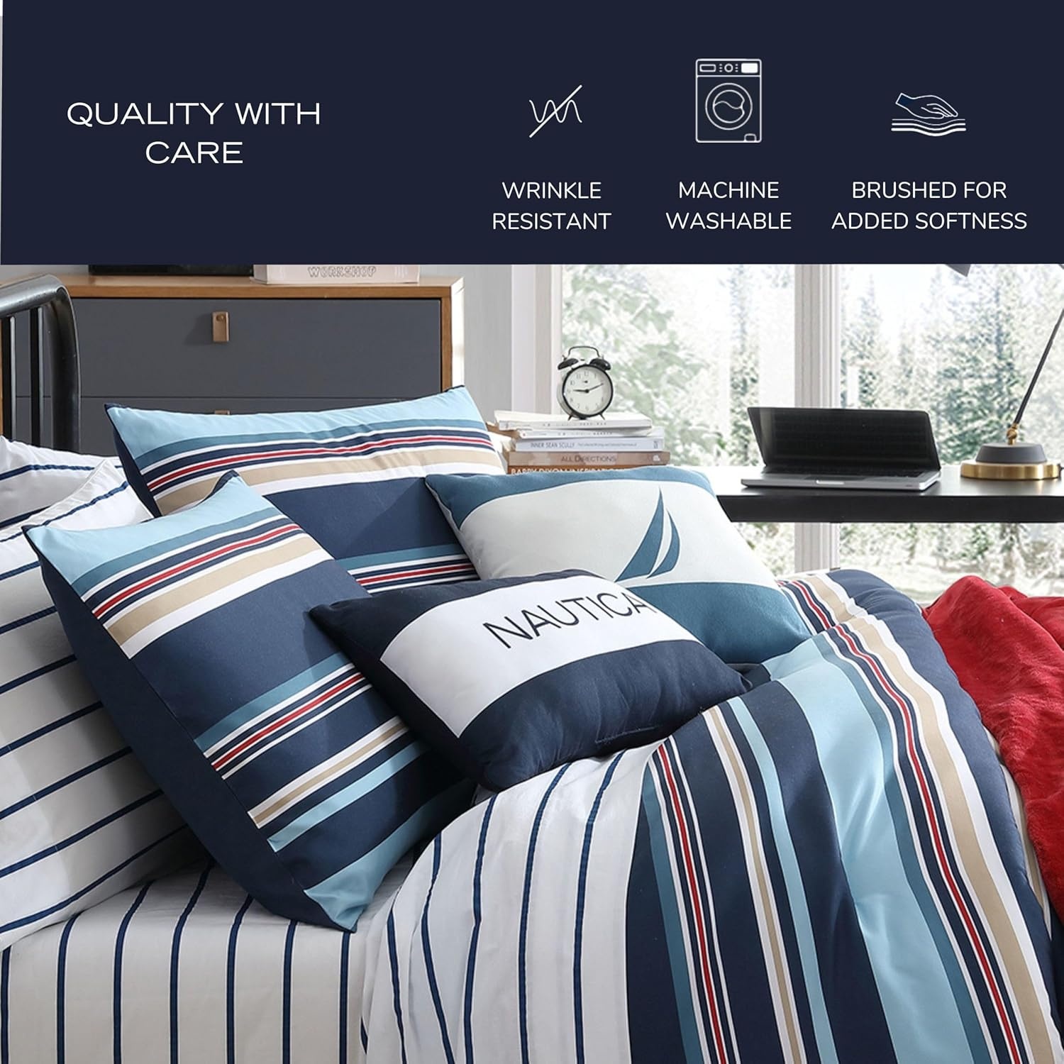 image:imageNautica Queen Comforter Set Reversible Bedding with Matching Shams Stripe Room Decor College Dorm Room Essentials Bay Shore NavyColton Blue