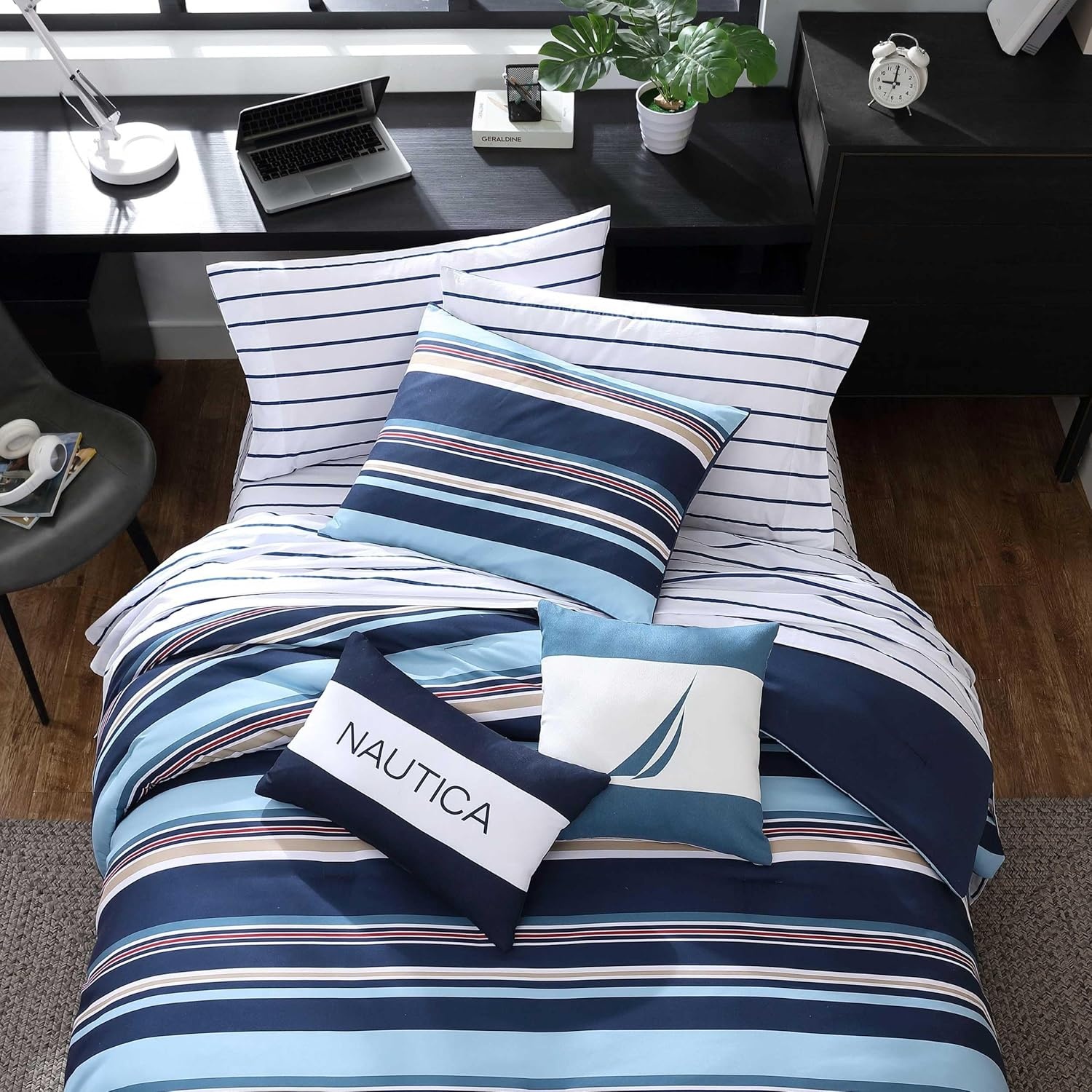 image:imageNautica Queen Comforter Set Reversible Bedding with Matching Shams Stripe Room Decor College Dorm Room Essentials Bay Shore NavyColton Blue