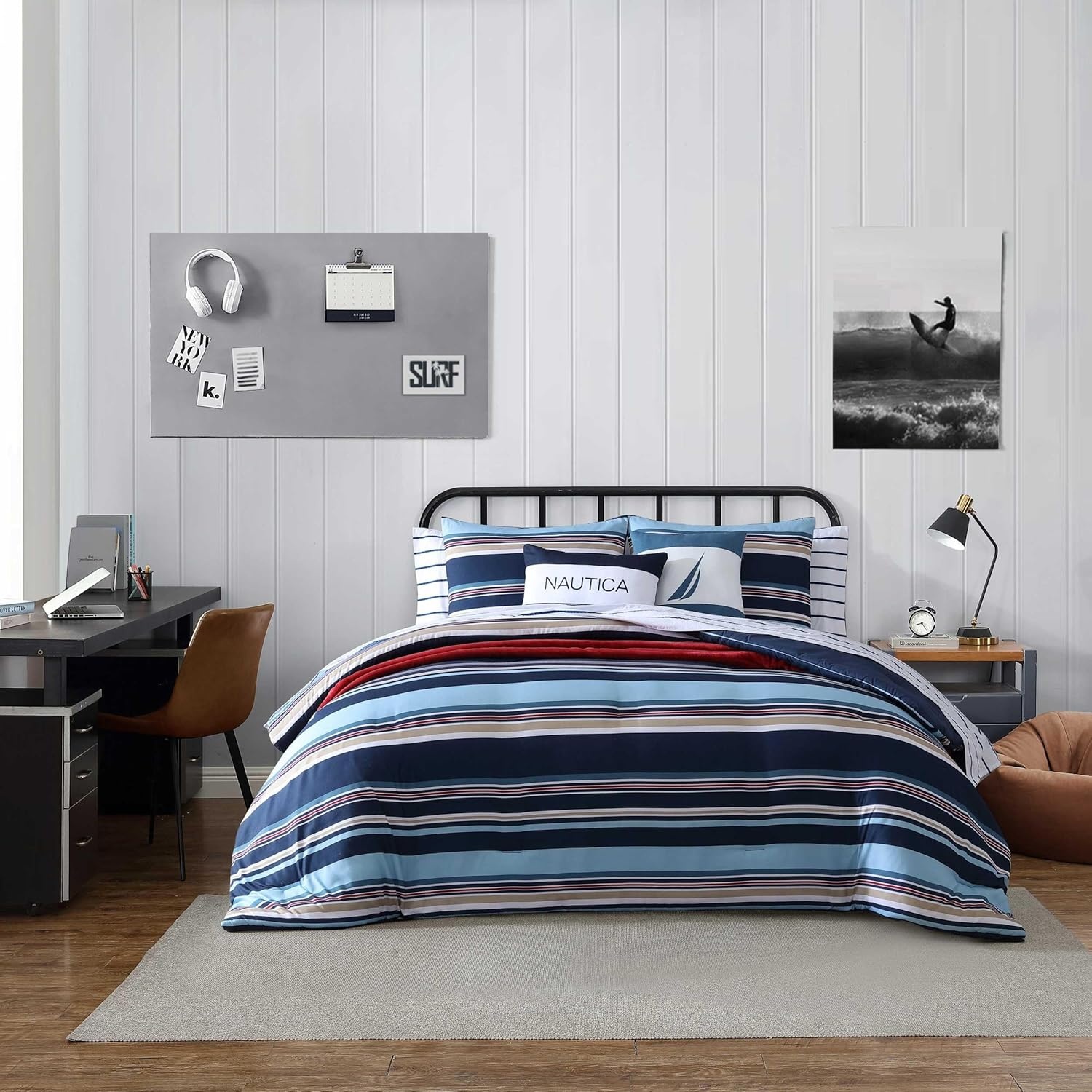image:imageNautica Queen Comforter Set Reversible Bedding with Matching Shams Stripe Room Decor College Dorm Room Essentials Bay Shore NavyColton Blue