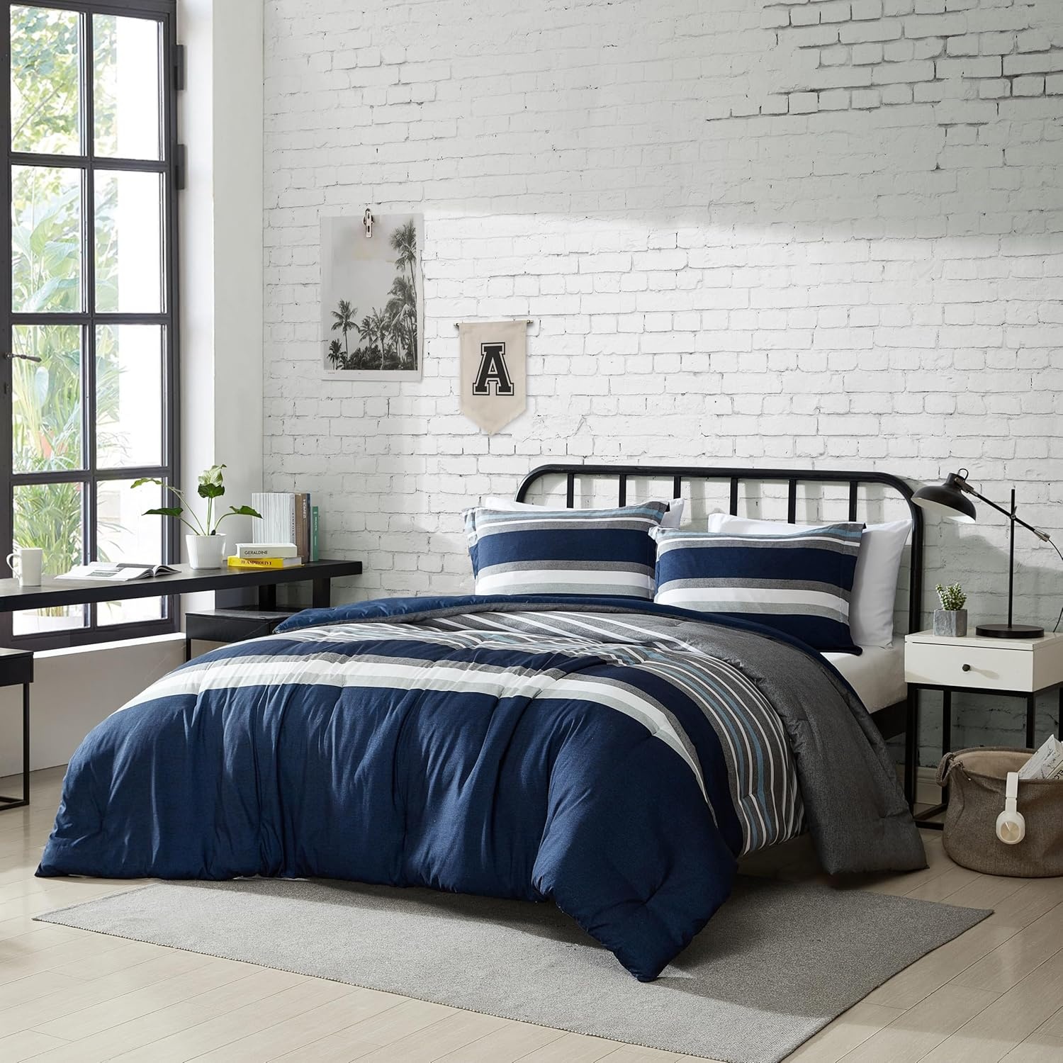 image:imageNautica Queen Comforter Set Reversible Bedding with Matching Shams Stripe Room Decor College Dorm Room Essentials Bay Shore NavyHeathered Block Flagstone