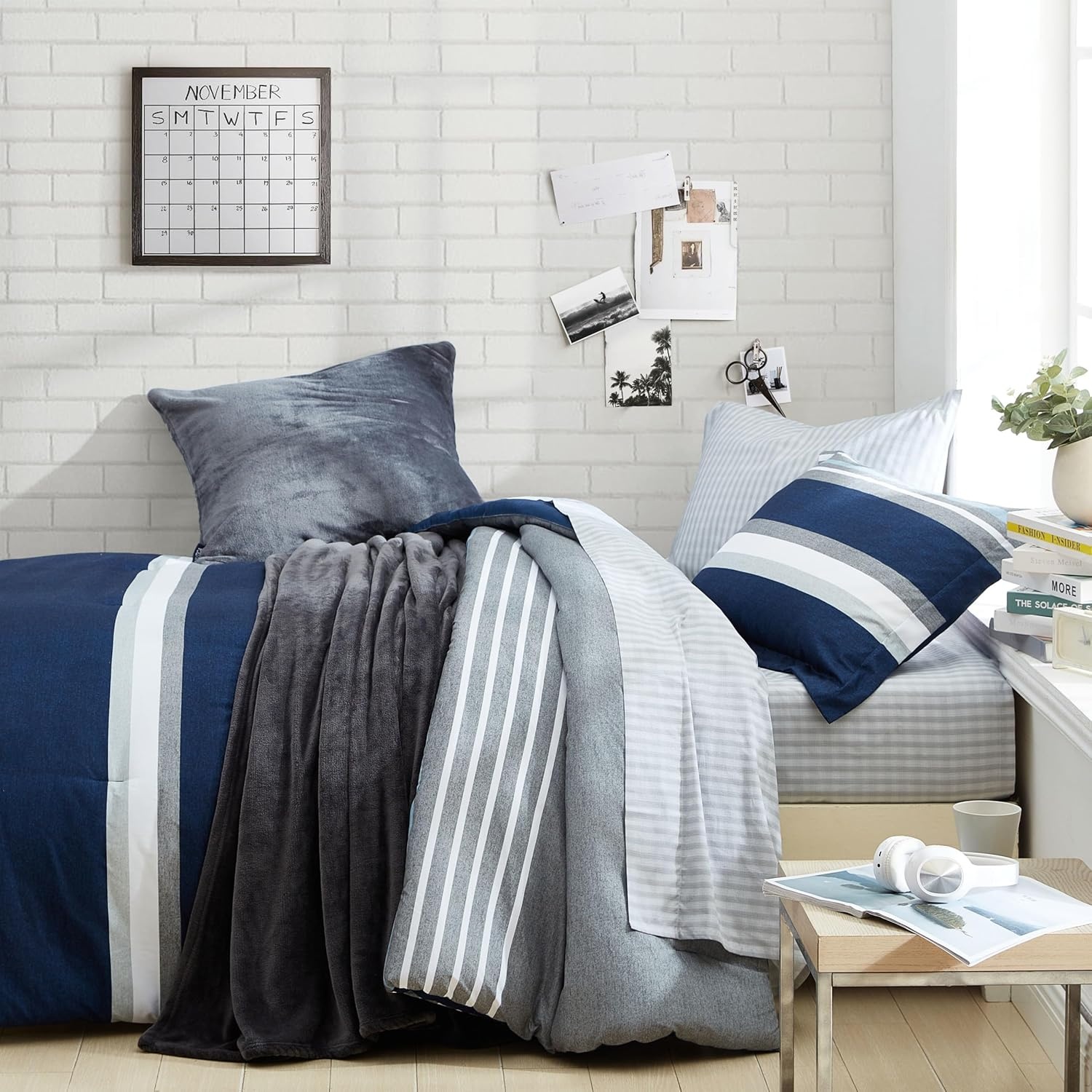image:imageNautica Queen Comforter Set Reversible Bedding with Matching Shams Stripe Room Decor College Dorm Room Essentials Bay Shore NavyHeathered Block Flagstone