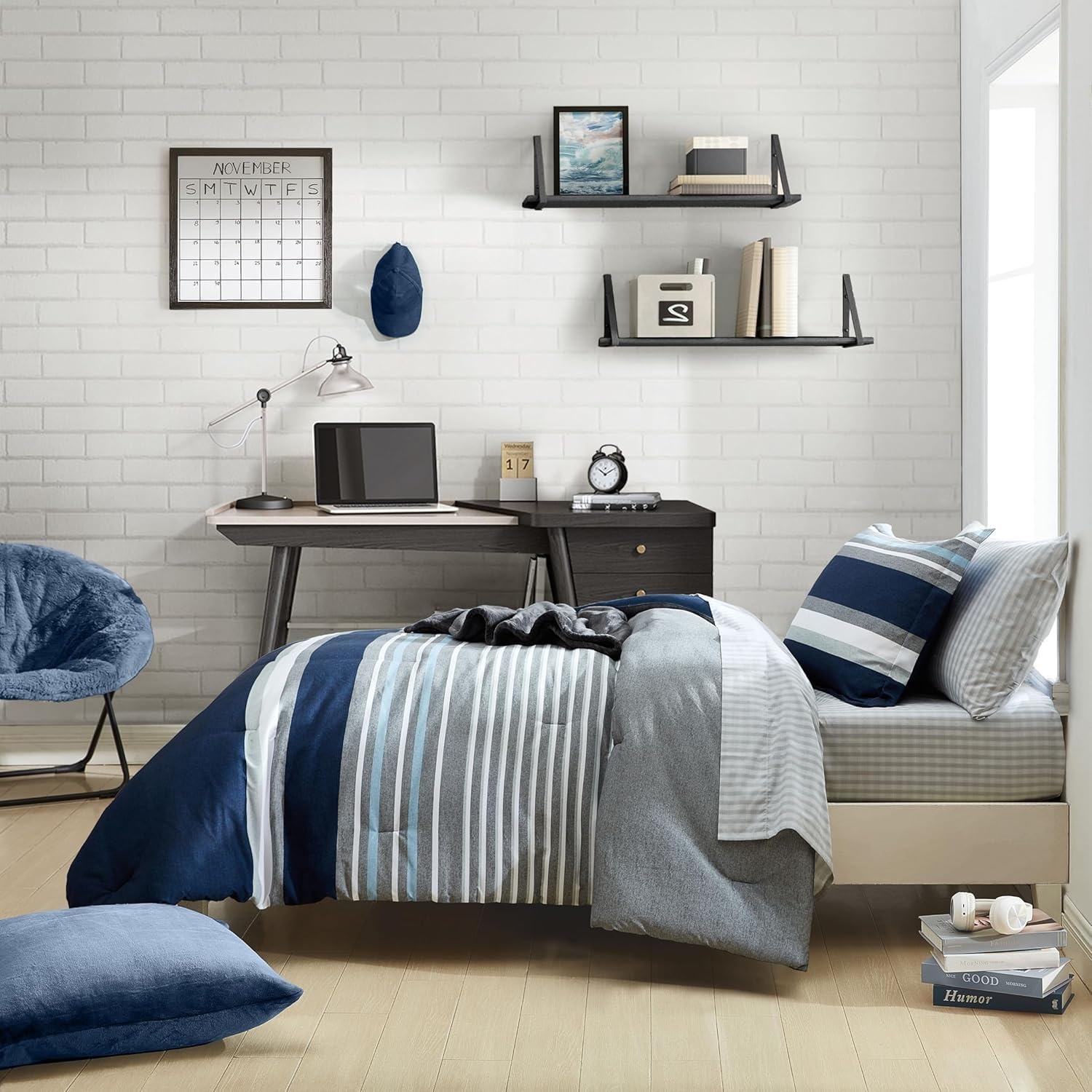 image:imageNautica Queen Comforter Set Reversible Bedding with Matching Shams Stripe Room Decor College Dorm Room Essentials Bay Shore NavyHeathered Block Flagstone