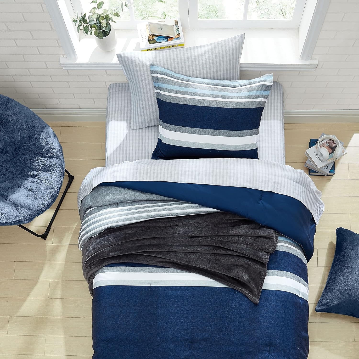 image:imageNautica Queen Comforter Set Reversible Bedding with Matching Shams Stripe Room Decor College Dorm Room Essentials Bay Shore NavyHeathered Block Flagstone