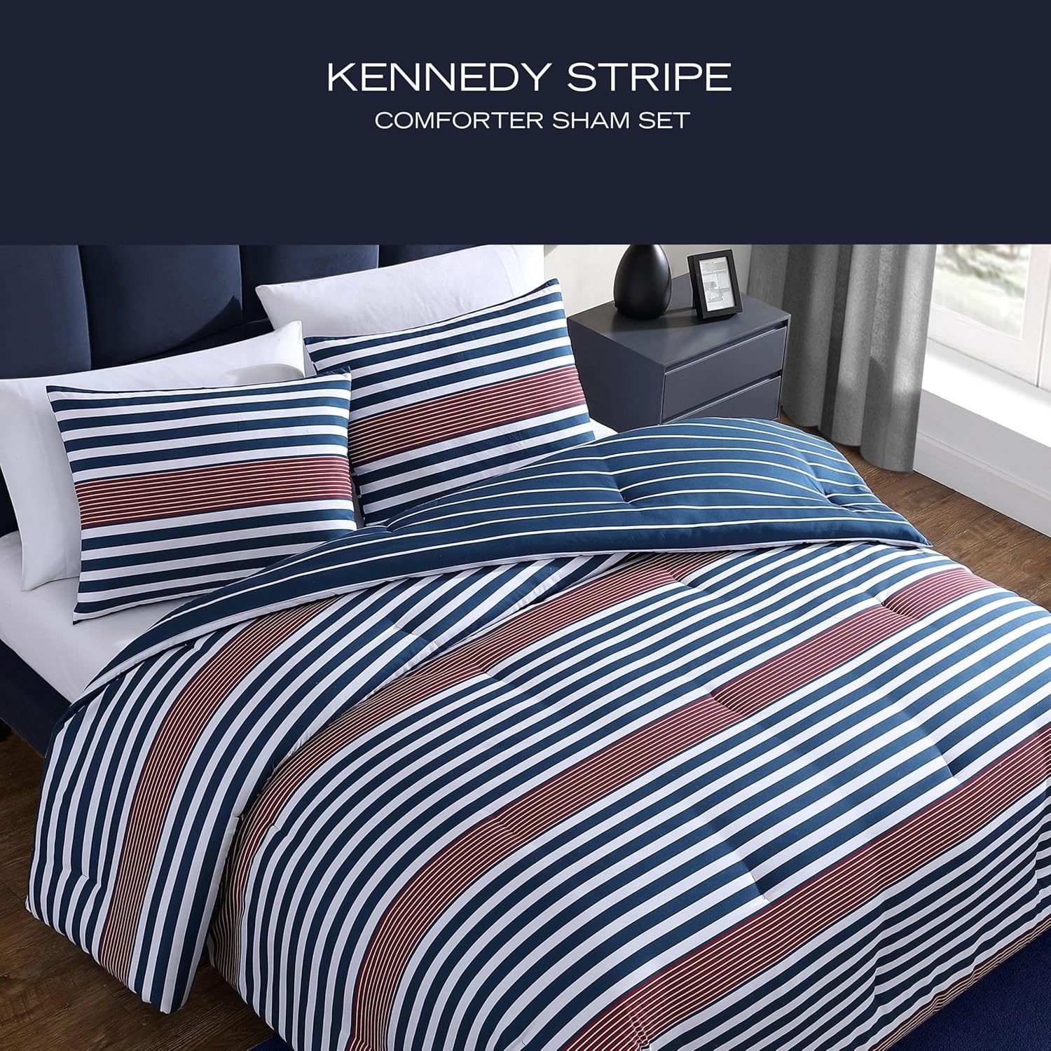 image:imageNautica Queen Comforter Set Reversible Bedding with Matching Shams Stripe Room Decor College Dorm Room Essentials Bay Shore NavyKennedy Stripe Navy