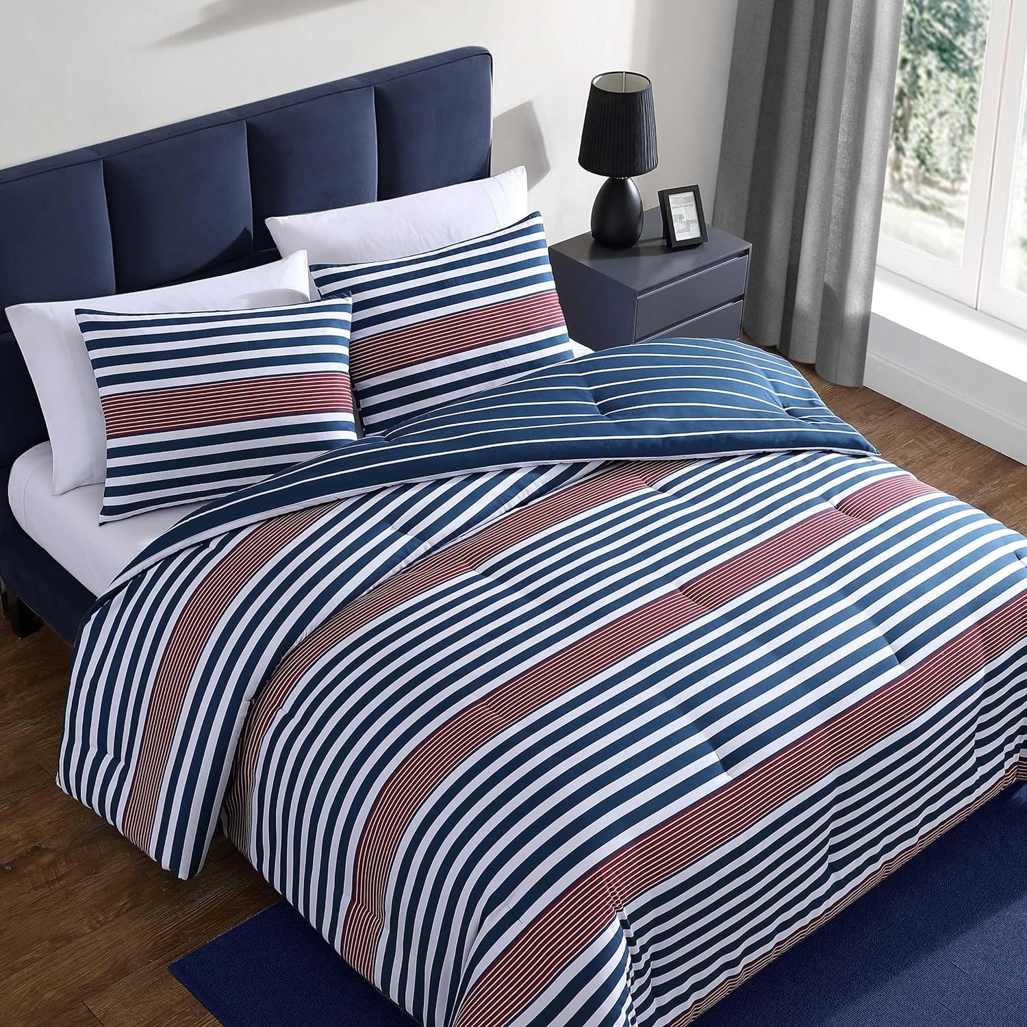 image:imageNautica Queen Comforter Set Reversible Bedding with Matching Shams Stripe Room Decor College Dorm Room Essentials Bay Shore NavyKennedy Stripe Navy