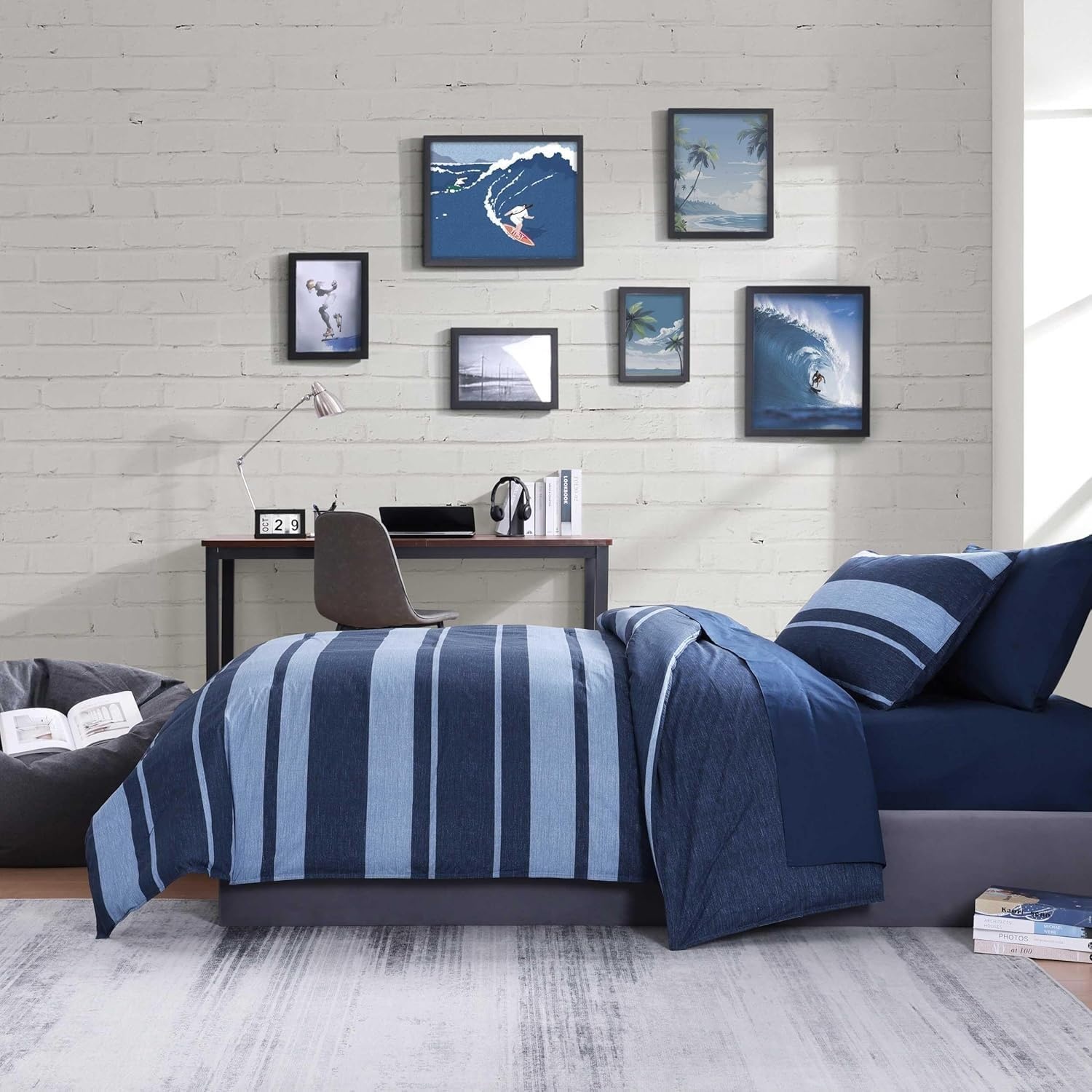 image:imageNautica Queen Comforter Set Reversible Bedding with Matching Shams Stripe Room Decor College Dorm Room Essentials Bay Shore NavyLongpoint Blue