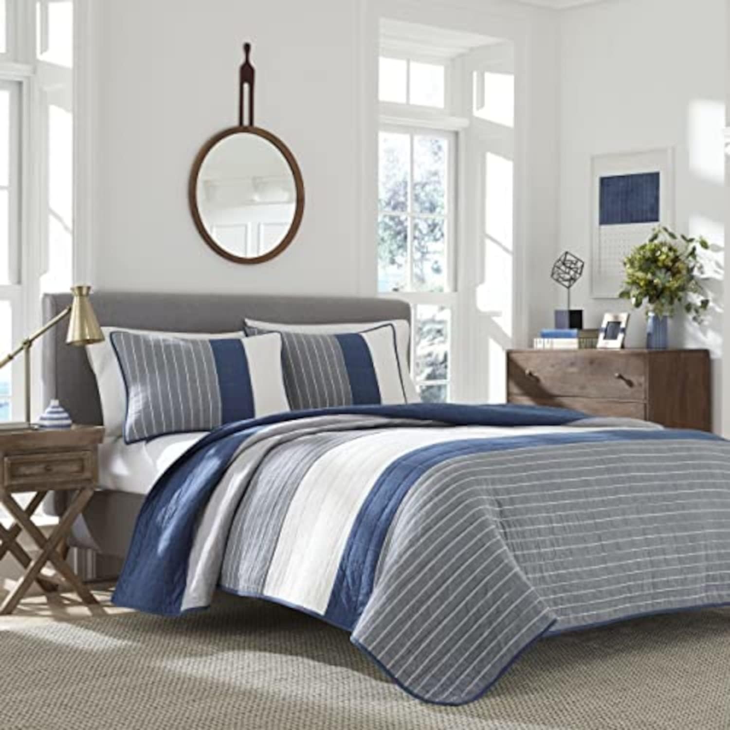 image:imageNautica Queen Comforter Set Reversible Bedding with Matching Shams Stripe Room Decor College Dorm Room Essentials Bay Shore NavySwale Navy
