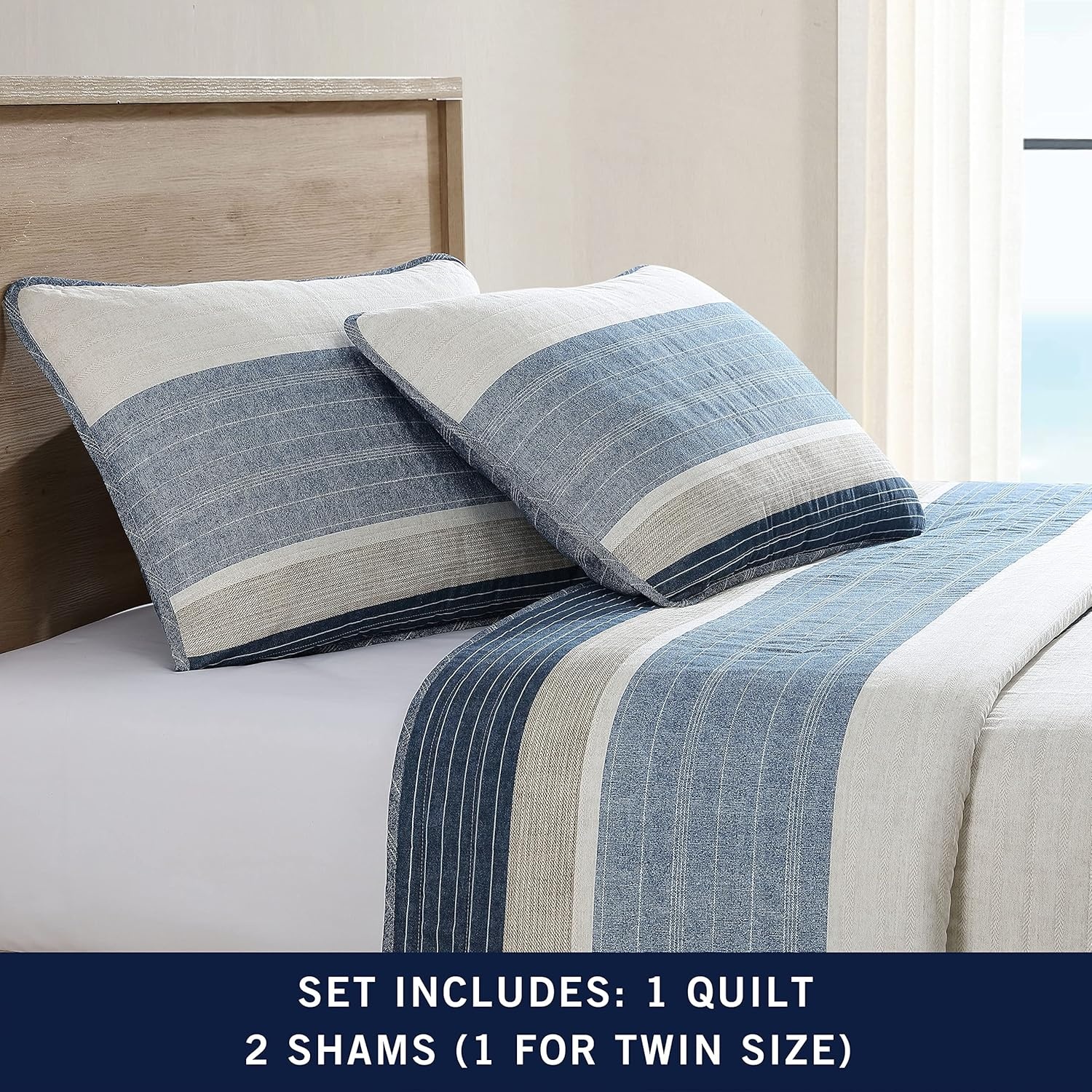 image:imageNautica Queen Quilt Set Reversible Bedding with Matching Shams Stripe Room Decor Lightweight Bed Set College Dorm Room Essentials Ridgeport BeigeRidgeport Denim