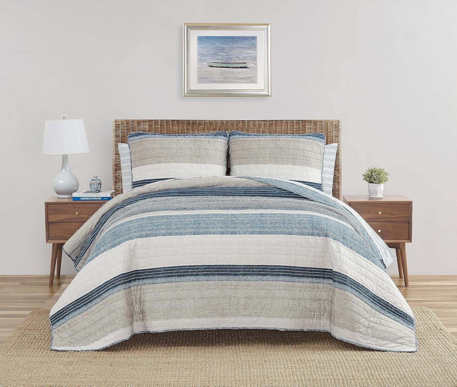 image:imageNautica Queen Quilt Set Reversible Bedding with Matching Shams Stripe Room Decor Lightweight Bed Set College Dorm Room Essentials Ridgeport BeigeRidgeport Denim
