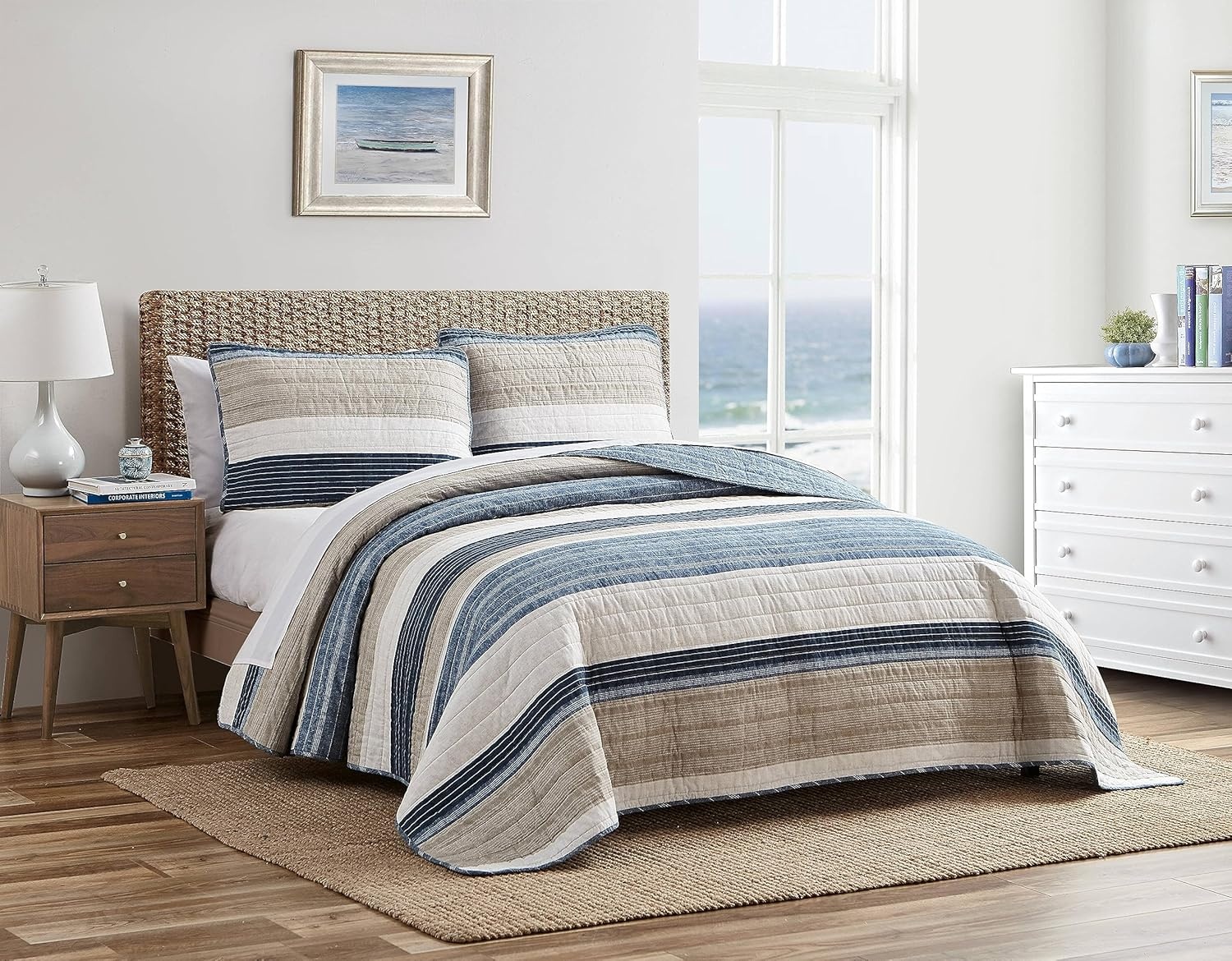 image:imageNautica Queen Quilt Set Reversible Bedding with Matching Shams Stripe Room Decor Lightweight Bed Set College Dorm Room Essentials Ridgeport BeigeRidgeport Denim