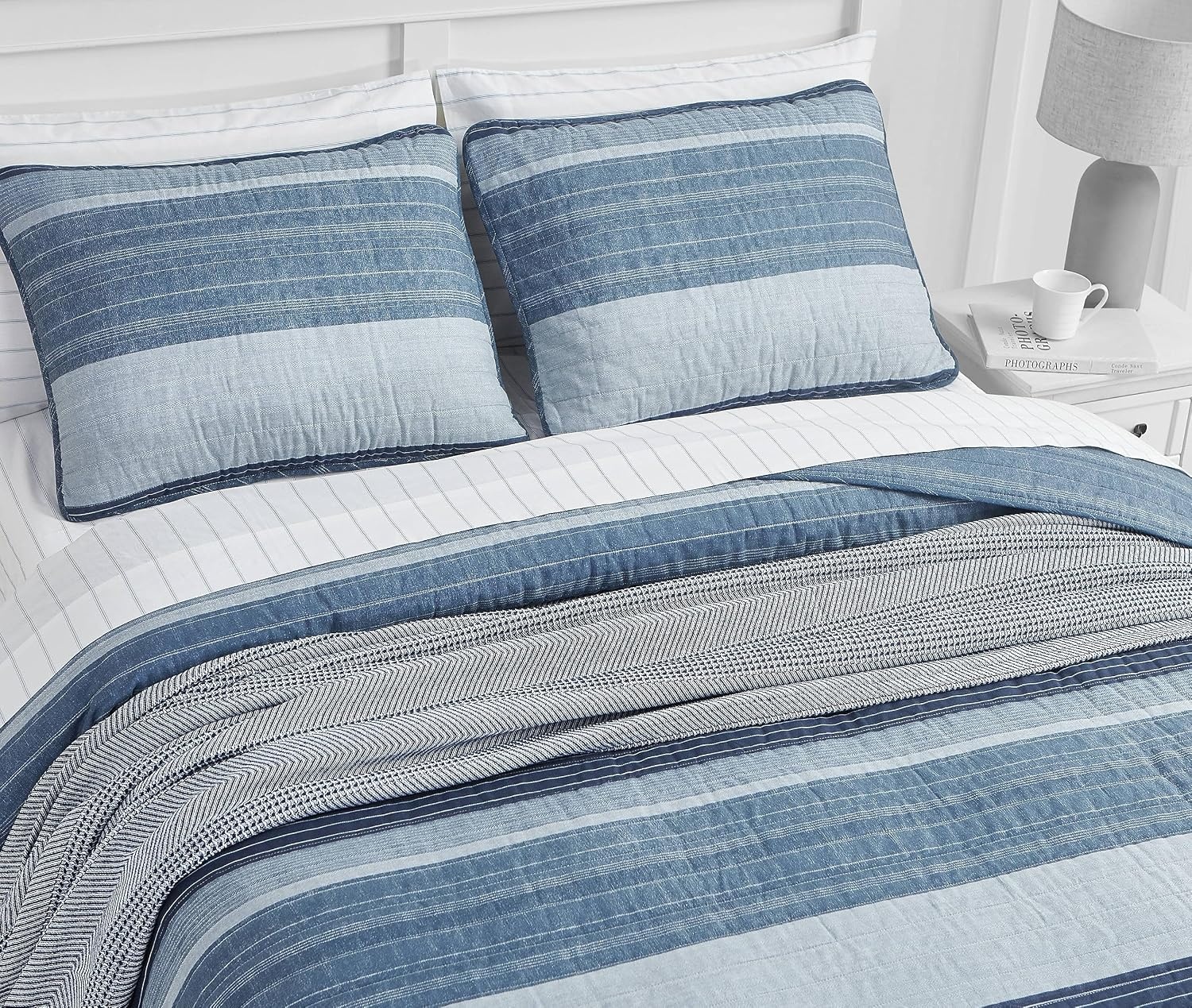 image:imageNautica Queen Quilt Set Reversible Bedding with Matching Shams Stripe Room Decor Lightweight Bed Set College Dorm Room Essentials Ridgeport BeigeRidgeport Medium Blue