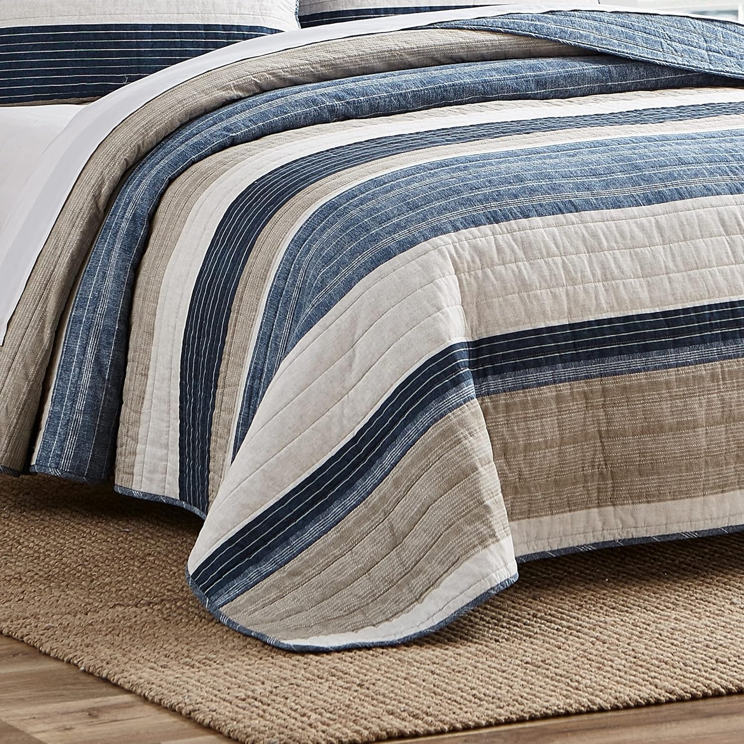 image:imageNautica Queen Quilt Set Reversible Bedding with Matching Shams Stripe Room Decor Lightweight Bed Set College Dorm Room Essentials Ridgeport BeigeRidgeport Denim