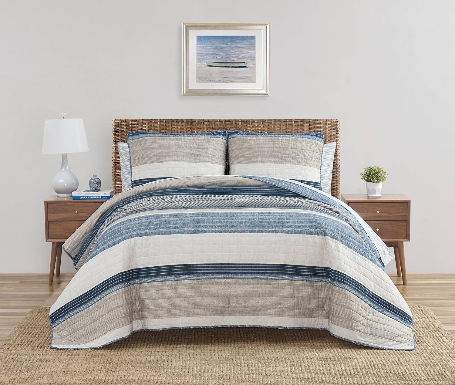image:imageNautica Queen Quilt Set Reversible Bedding with Matching Shams Stripe Room Decor Lightweight Bed Set College Dorm Room Essentials Ridgeport BeigeRidgeport Denim