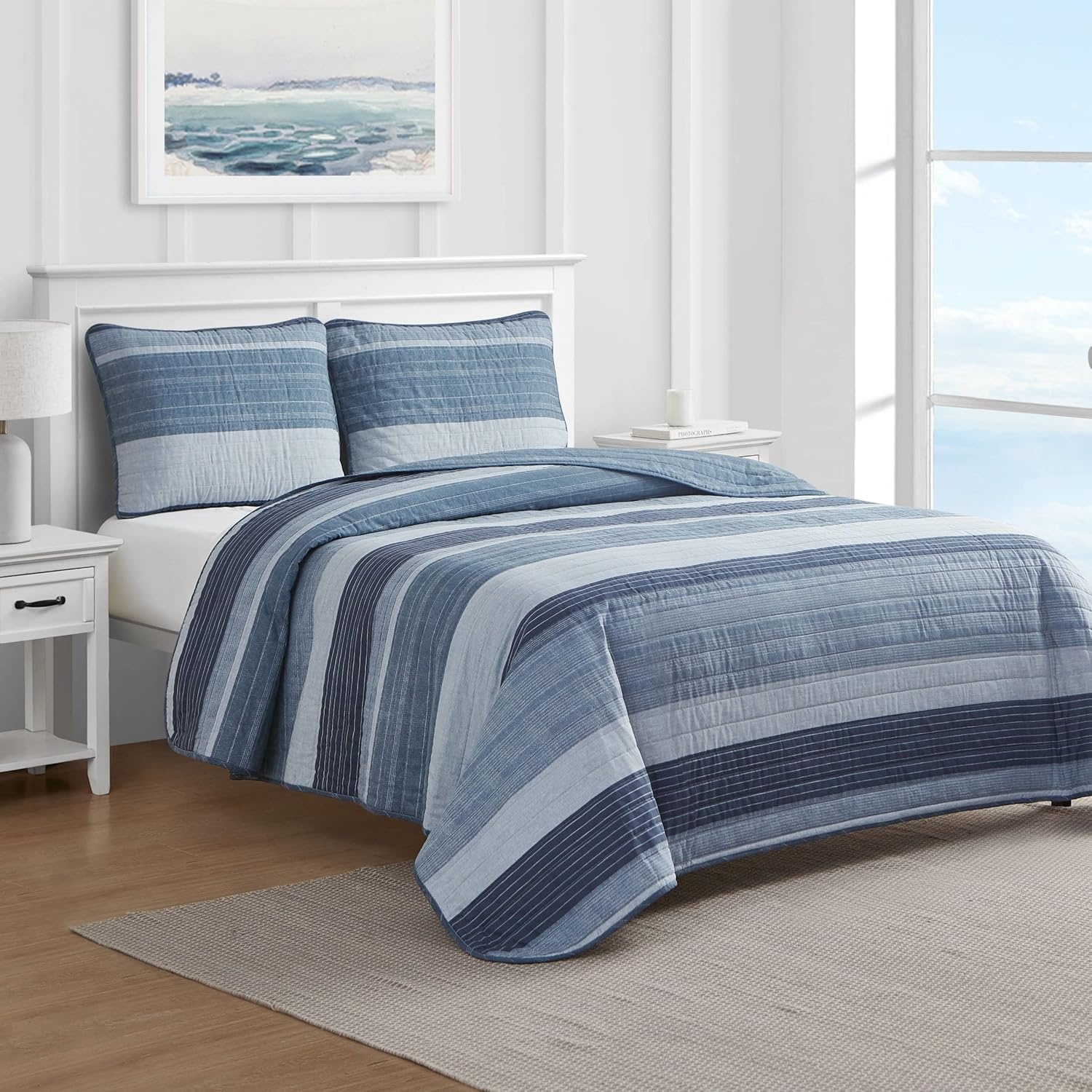image:imageNautica Queen Quilt Set Reversible Bedding with Matching Shams Stripe Room Decor Lightweight Bed Set College Dorm Room Essentials Ridgeport BeigeRidgeport Medium Blue