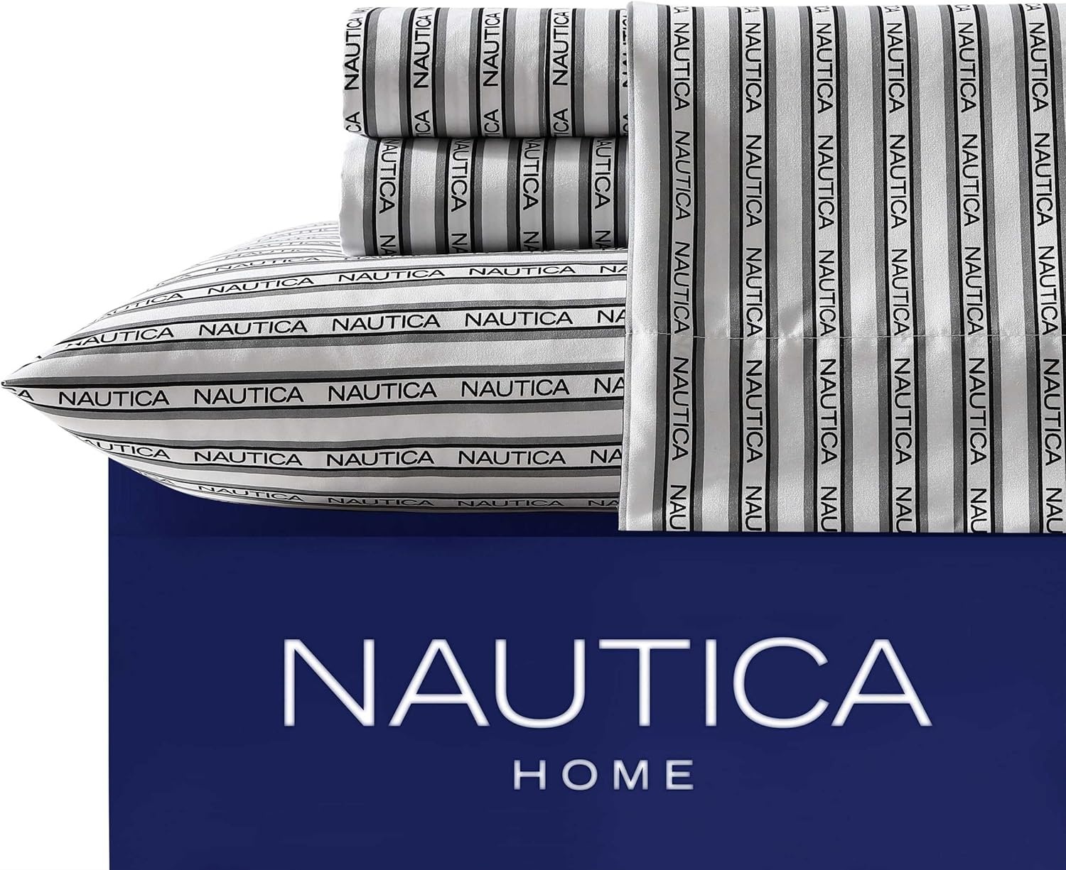 image:imageNautica Sheet Set Breathable amp Cooling Microfiber Bedding with Matching Pillowcase Deep Pocket Fully Elasticized Nantucket Lobster Ocean Breeze Blue TwinStriped Nautica Logo Grey