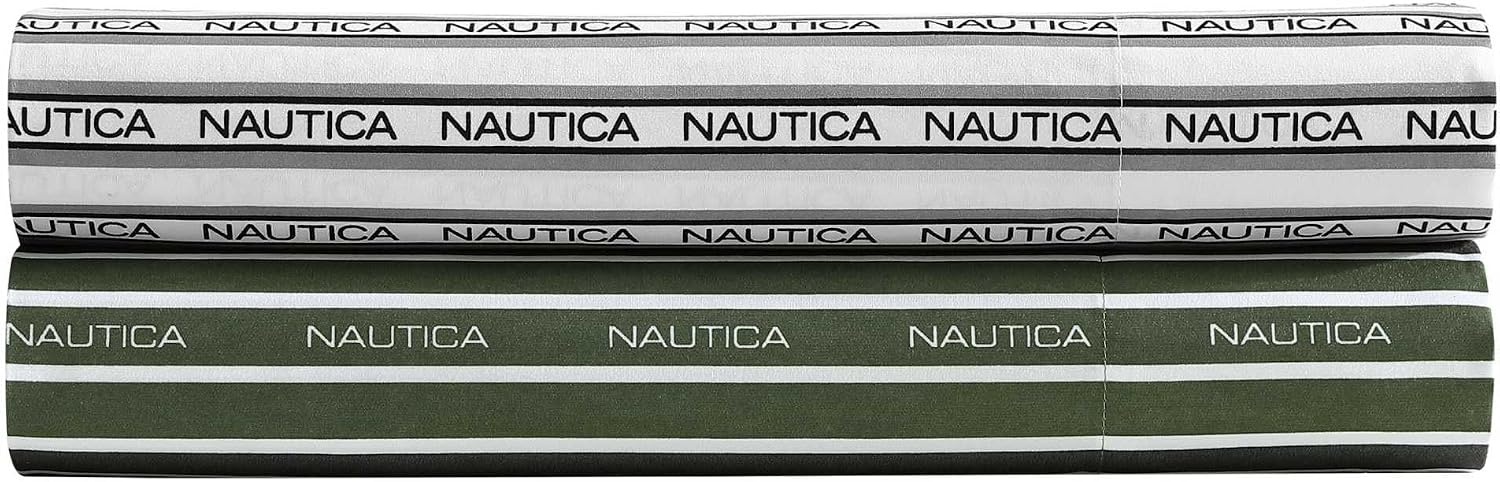 image:imageNautica Sheet Set Breathable amp Cooling Microfiber Bedding with Matching Pillowcase Deep Pocket Fully Elasticized Nantucket Lobster Ocean Breeze Blue TwinStriped Nautica Logo Grey