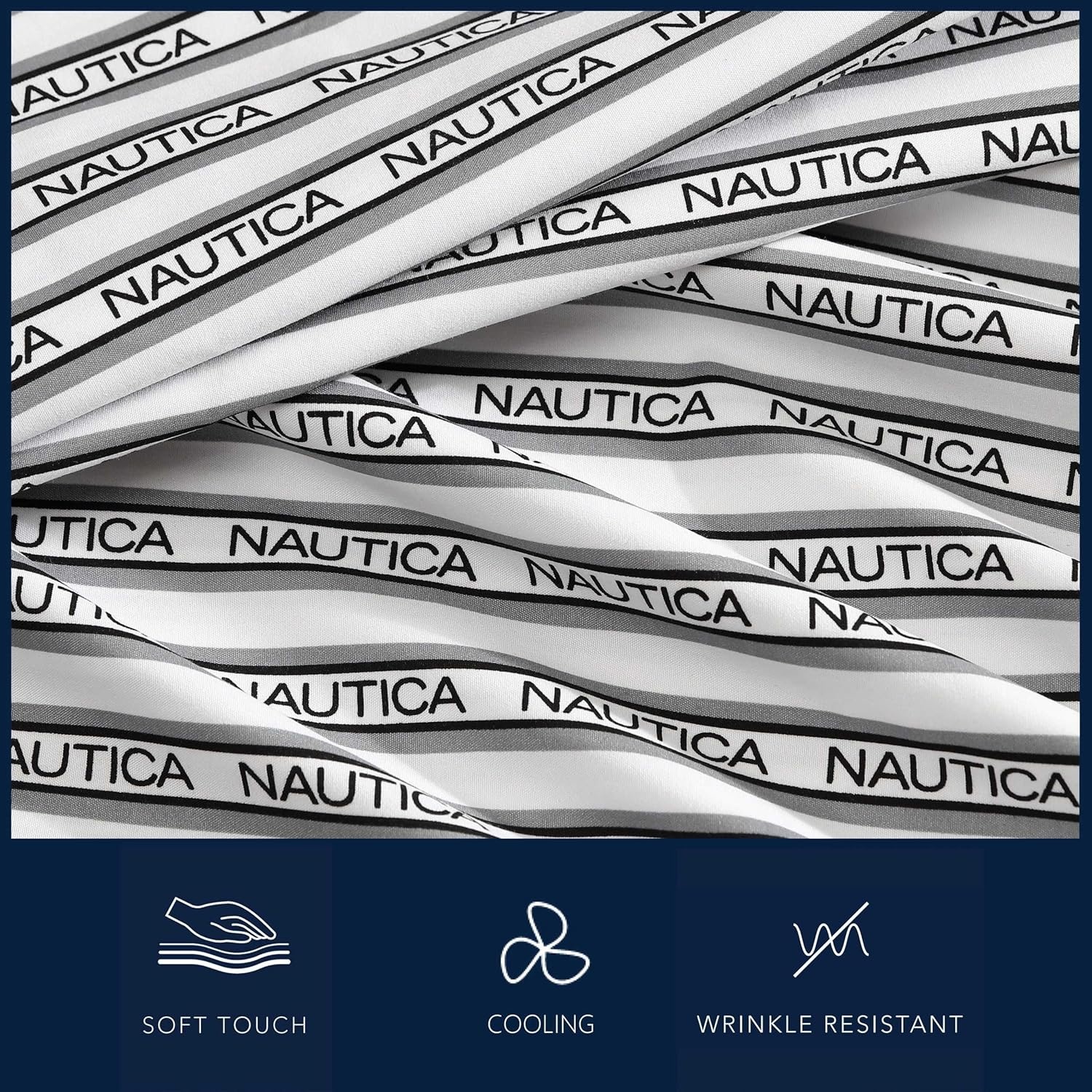 image:imageNautica Sheet Set Breathable amp Cooling Microfiber Bedding with Matching Pillowcase Deep Pocket Fully Elasticized Nantucket Lobster Ocean Breeze Blue TwinStriped Nautica Logo Grey
