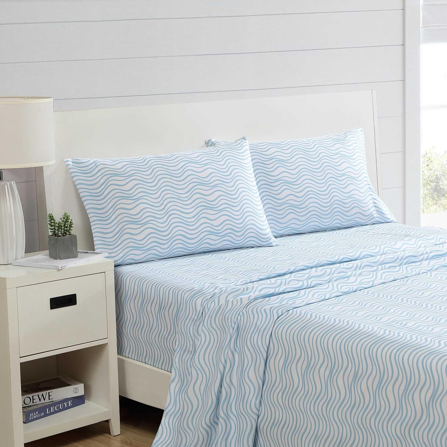image:imageNautica Sheet Set Breathable amp Cooling Microfiber Bedding with Matching Pillowcase Deep Pocket Fully Elasticized Nantucket Lobster Ocean Breeze Blue TwinLinearly Waves Ocean Breeze Blue