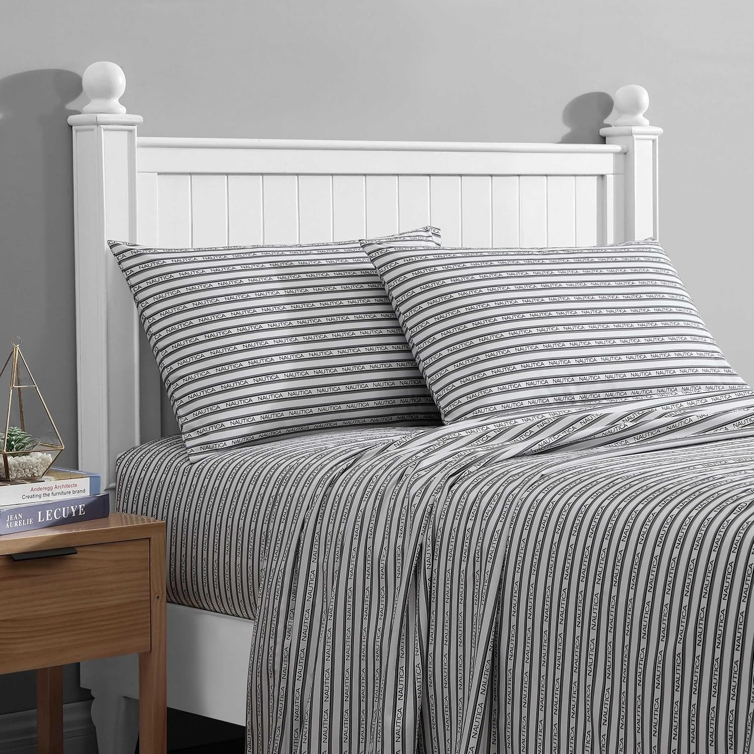 image:imageNautica Sheet Set Breathable amp Cooling Microfiber Bedding with Matching Pillowcase Deep Pocket Fully Elasticized Nantucket Lobster Ocean Breeze Blue TwinStriped Nautica Logo Grey
