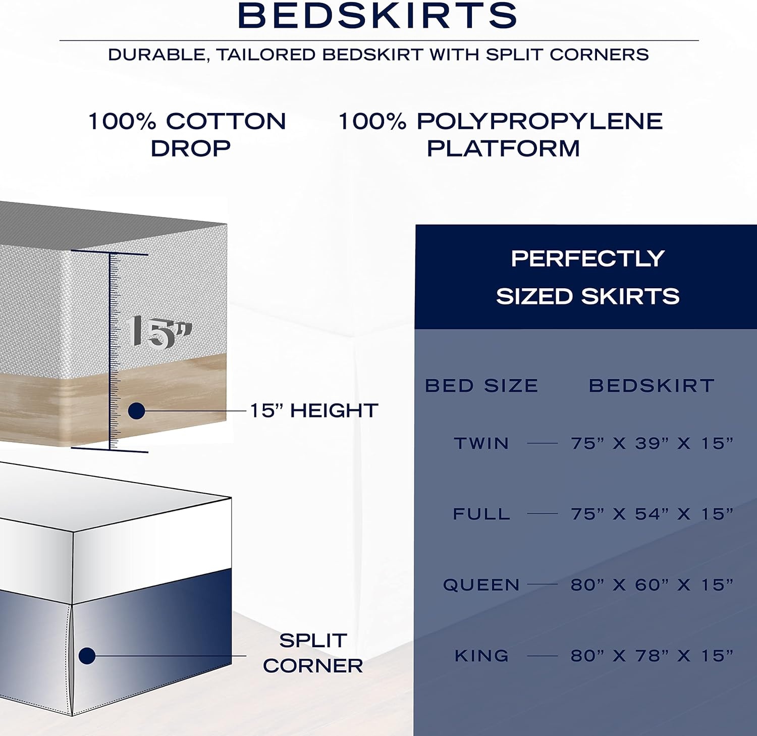 image:imageNautica Twin Bed Skirt 100 Cotton Bed Skirt with 15 Drop Split Corner Design amp Secure Platform Fit Tailored Bedding Style Navy BlueWhite