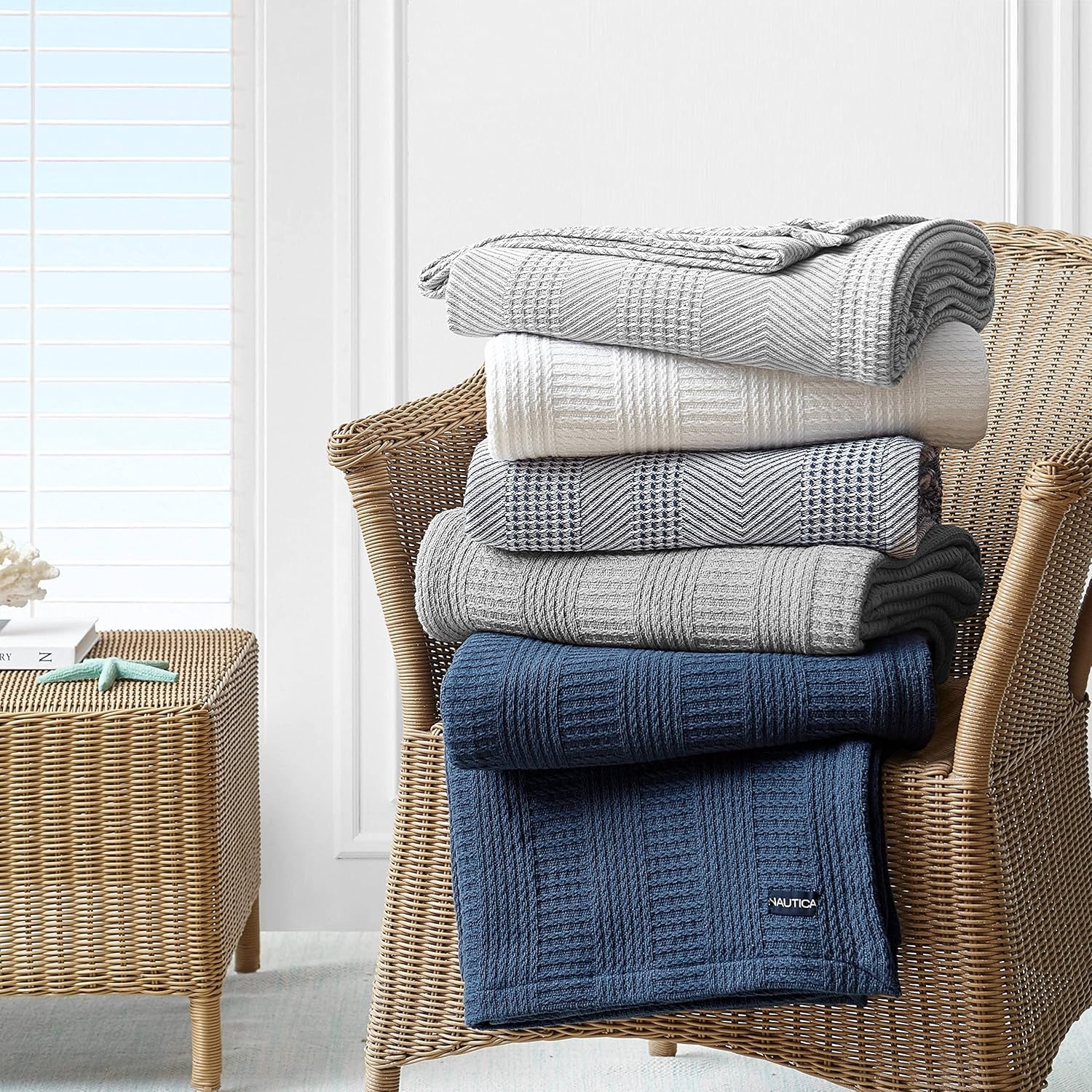 image:imageNautica Twin Blanket Woven Textured Cotton Bedding Ideal for Bed or Couch Dorm Essentials OekoTex Certified Rope Stripe NavyGrey