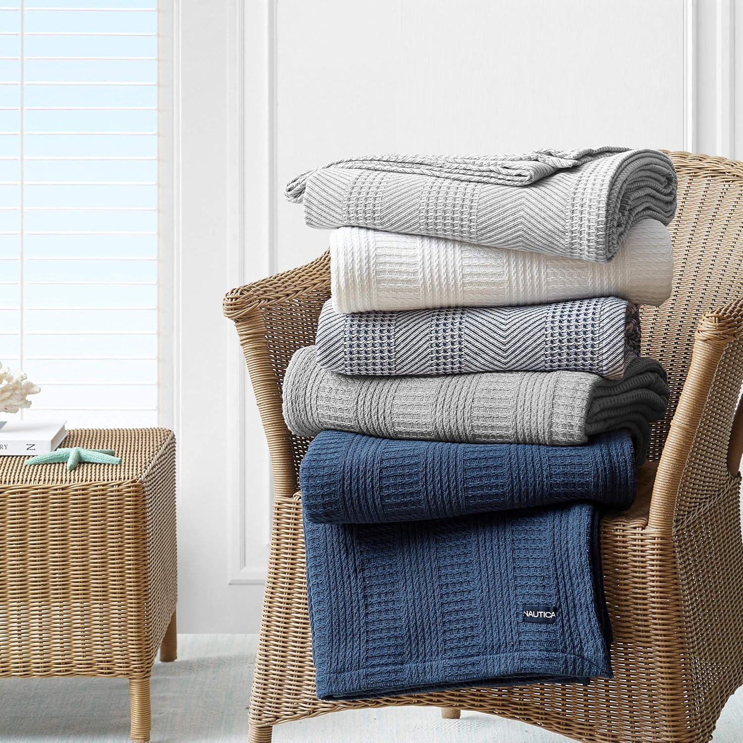image:imageNautica Twin Blanket Woven Textured Cotton Bedding Ideal for Bed or Couch Dorm Essentials OekoTex Certified Rope Stripe NavyNavy