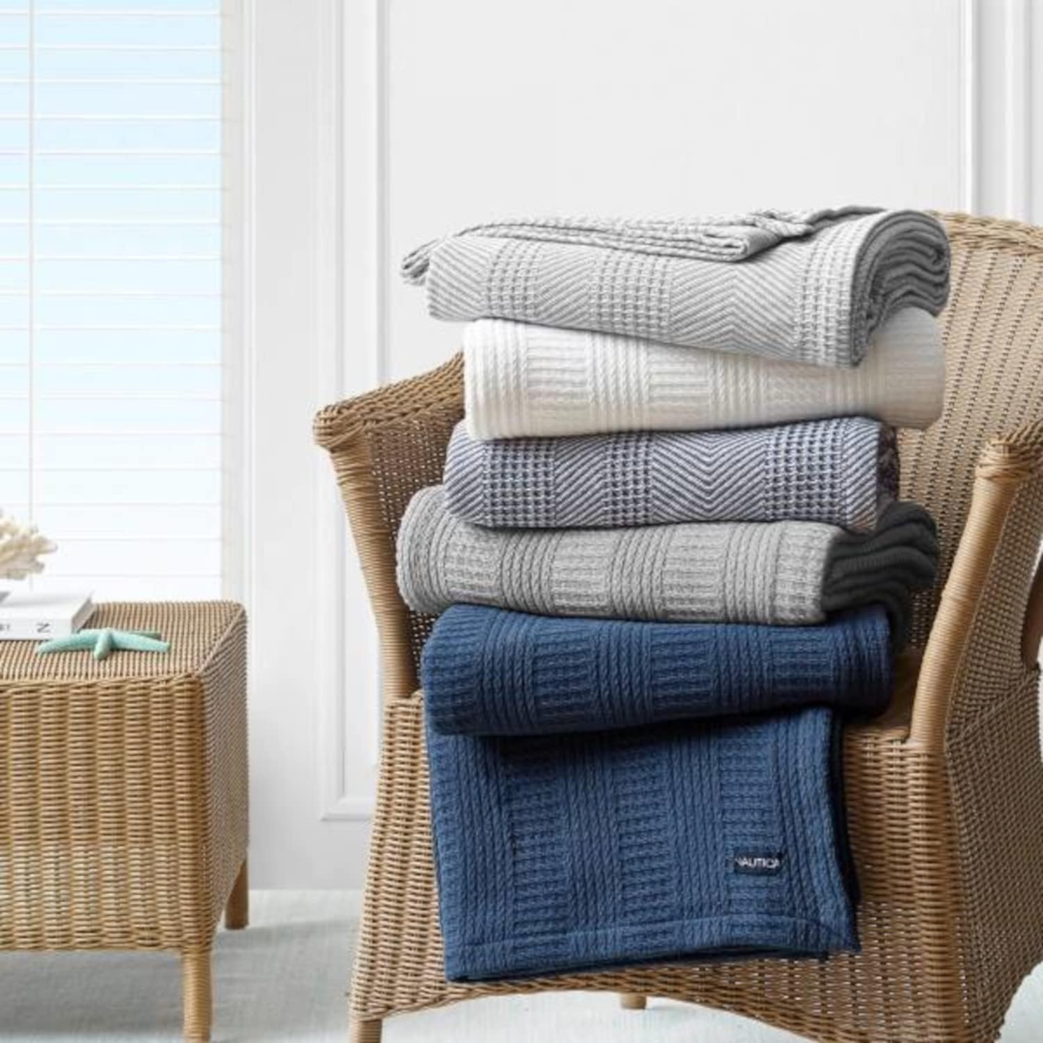 image:imageNautica Twin Blanket Woven Textured Cotton Bedding Ideal for Bed or Couch Dorm Essentials OekoTex Certified Rope Stripe NavyWhite