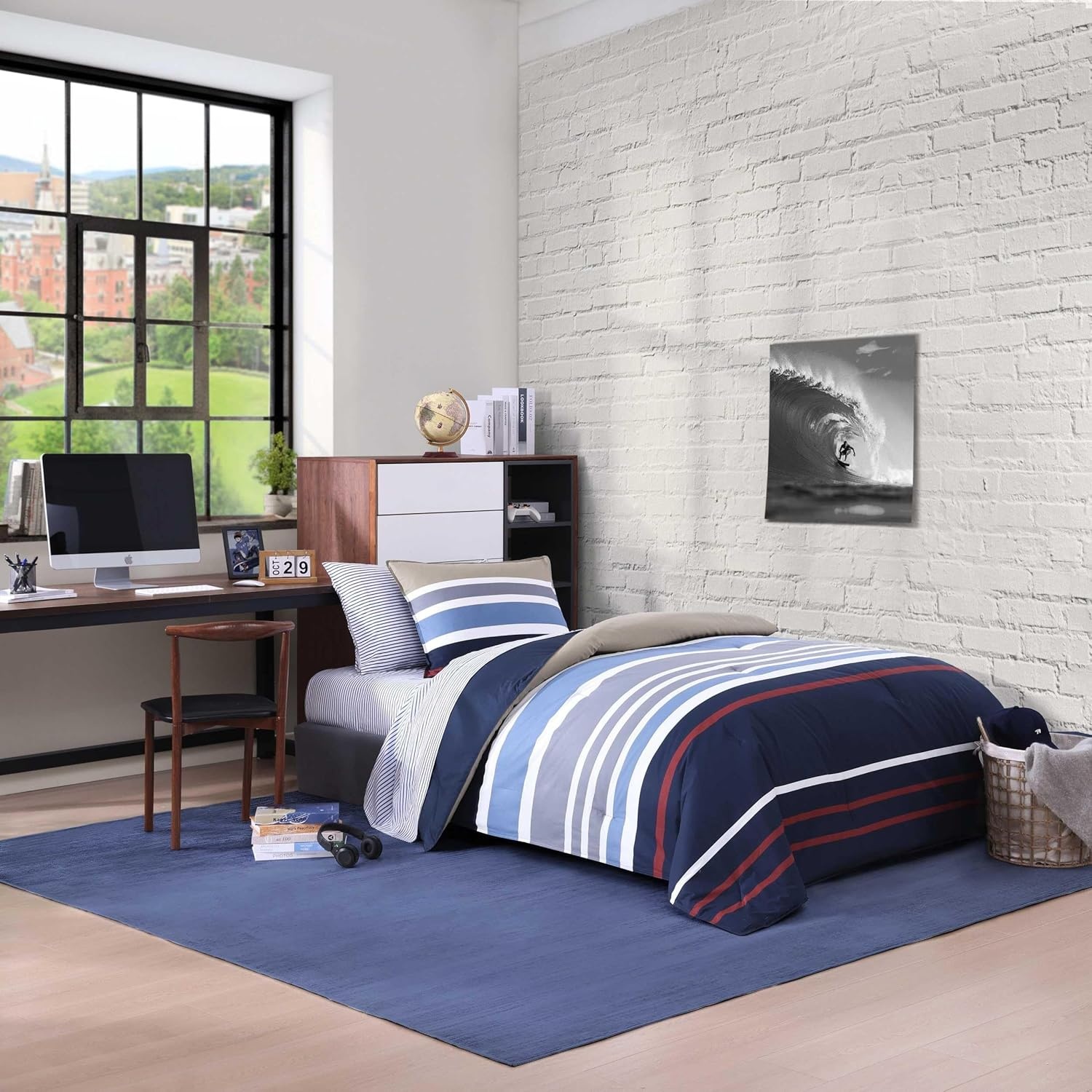 image:imageNautica Twin Comforter Set Reversible Cotton Bedding with Matching Sham Medium Weight for Year Round Use OekoTex Certified Dorm Essentials Bradford NavyKhakiTwin