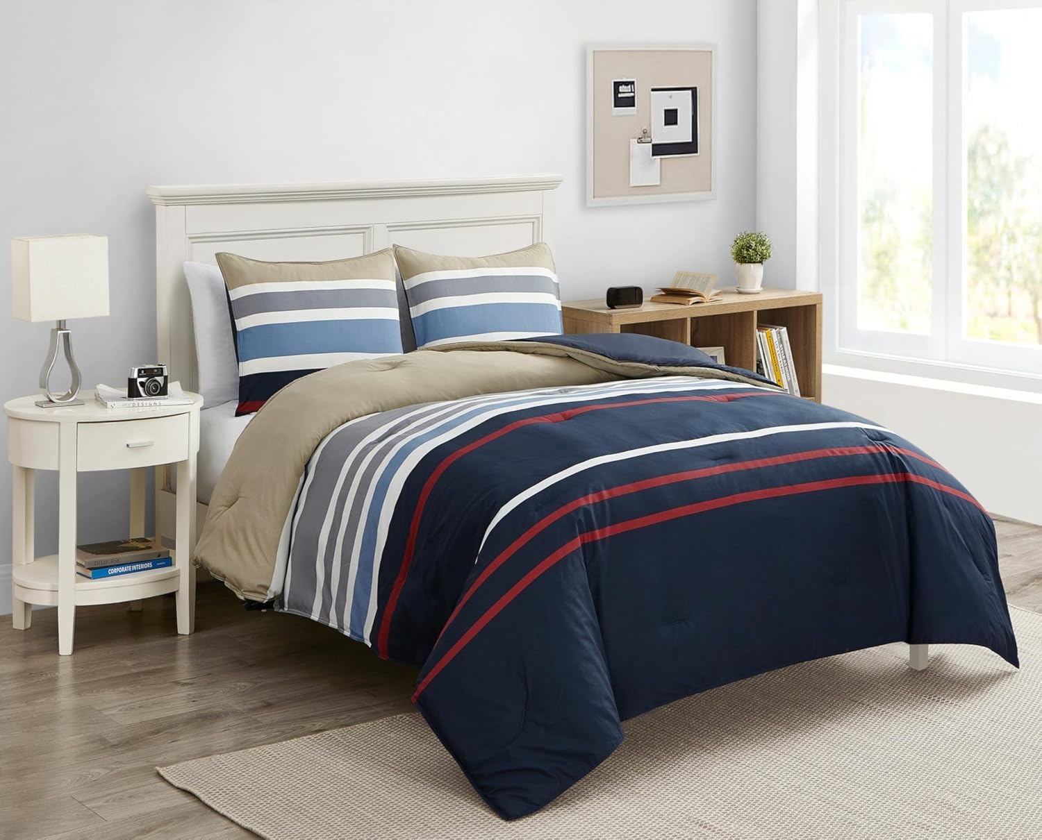 image:imageNautica Twin Comforter Set Reversible Cotton Bedding with Matching Sham Medium Weight for Year Round Use OekoTex Certified Dorm Essentials Bradford NavyKhakiTwin