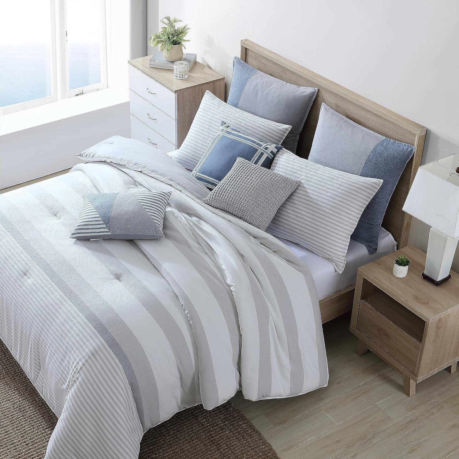 image:imageNautica Twin Comforter Set Reversible Cotton Bedding with Matching Sham MediumWeight Dorm Essentials OekoTex Certified Fairwater BlueLight GreyWhiteDark Grey